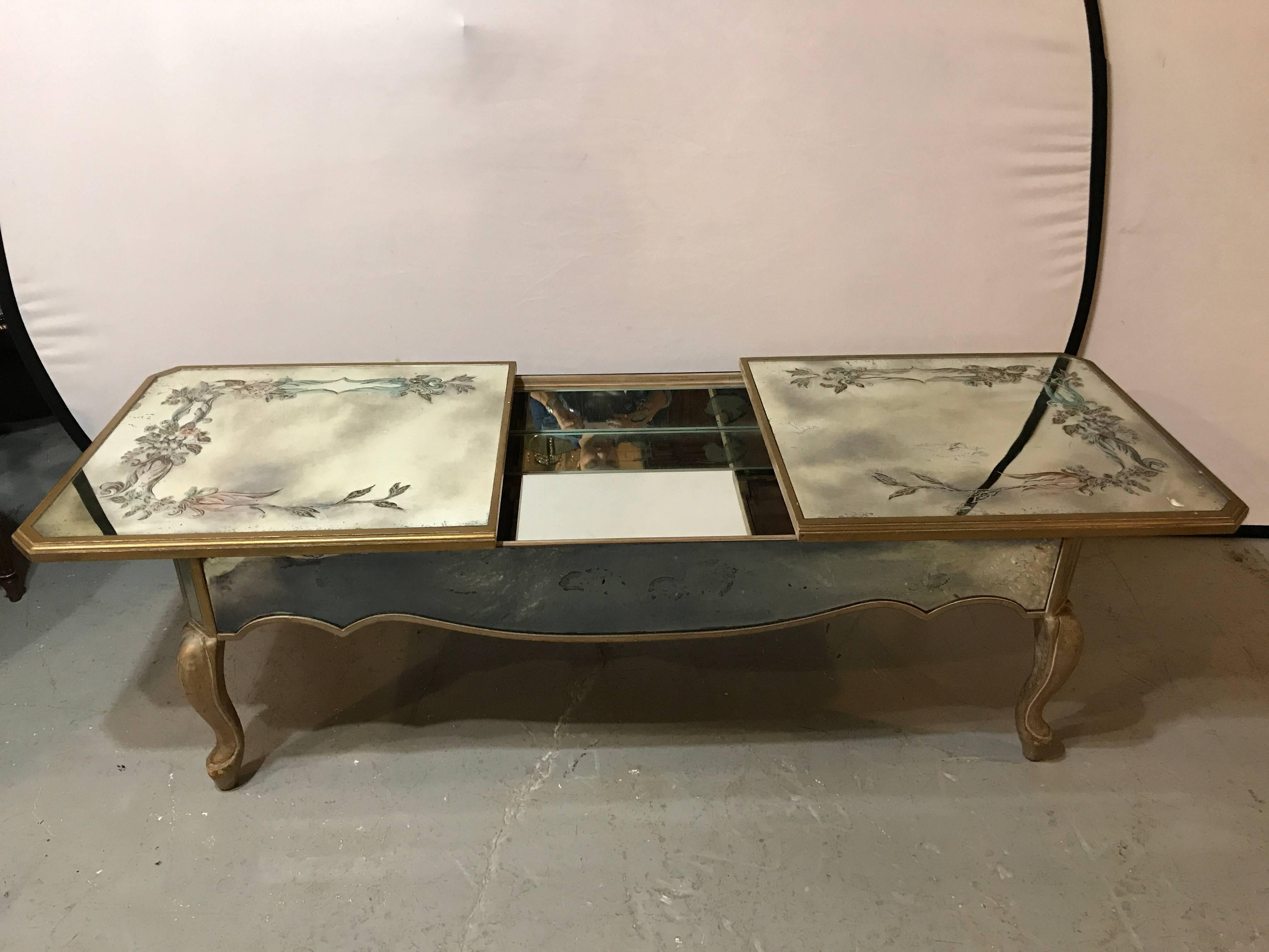 Hollywood Regency Italian Paint Decorated Sliding Mirror Top Coffee Low Table 2