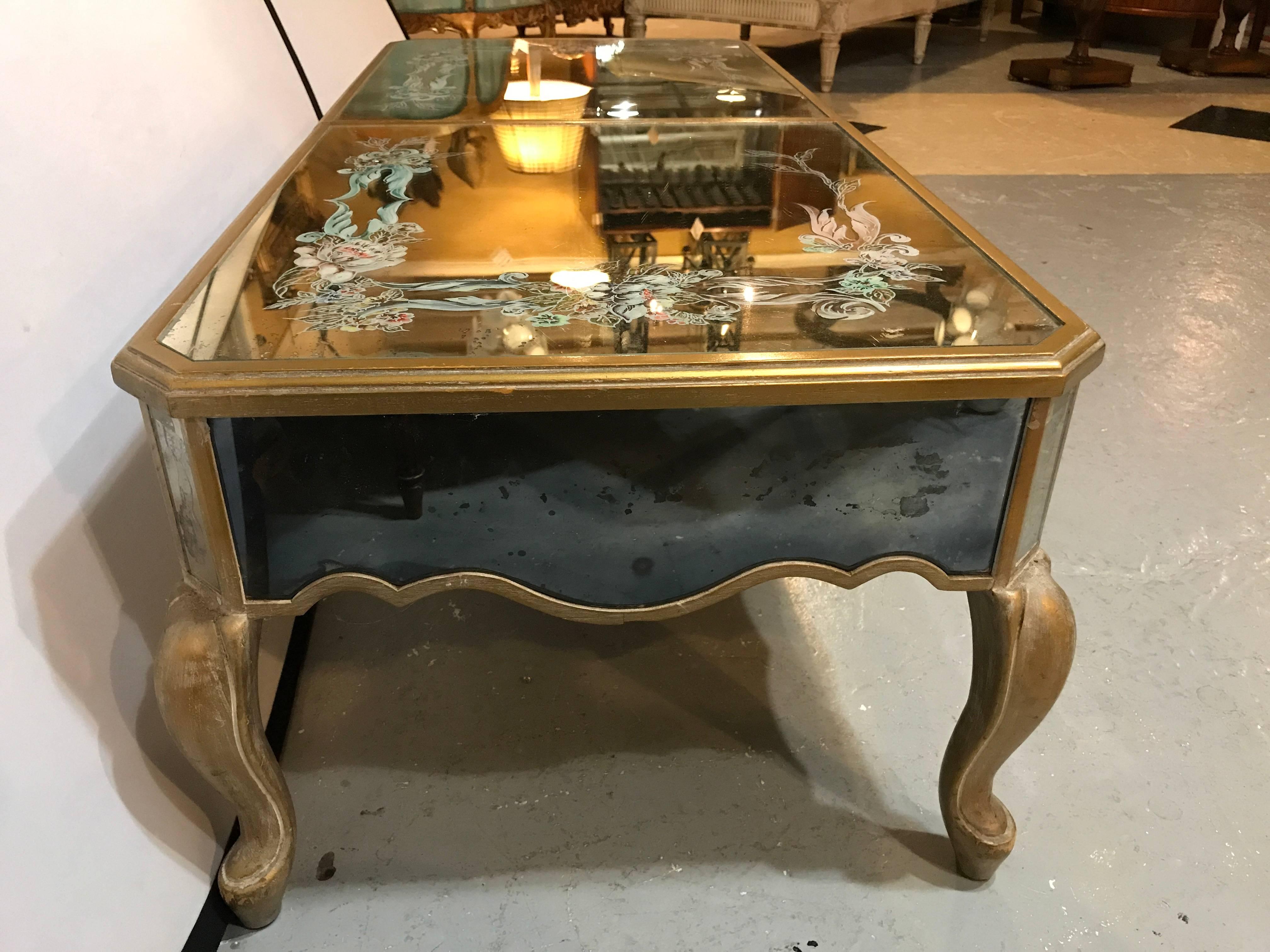 Hollywood Regency Italian Paint Decorated Sliding Mirror Top Coffee Low Table 5