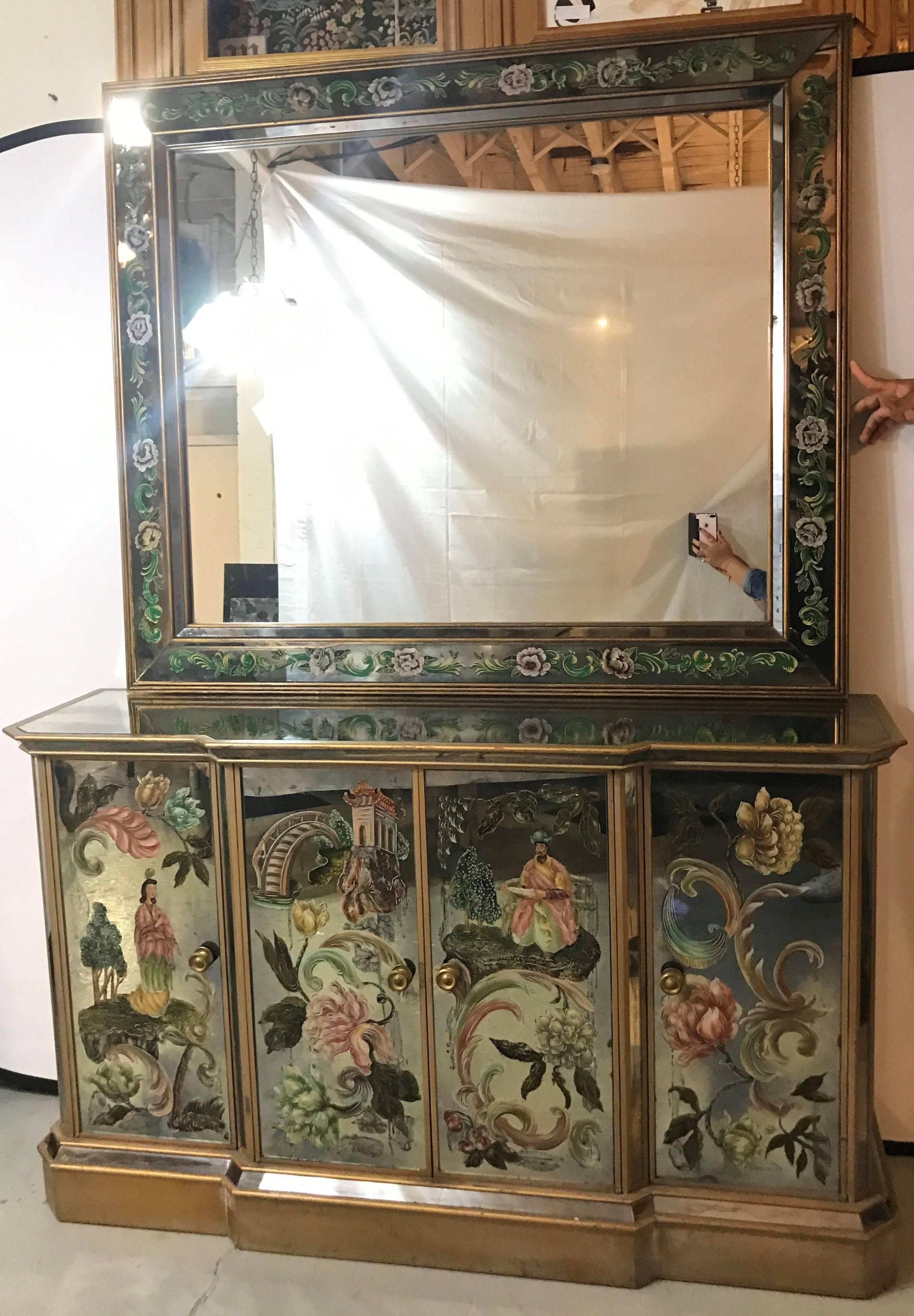 Hollywood Regency Italian Reverse Paint Decorated over the Mantle or Console Wall Mirror