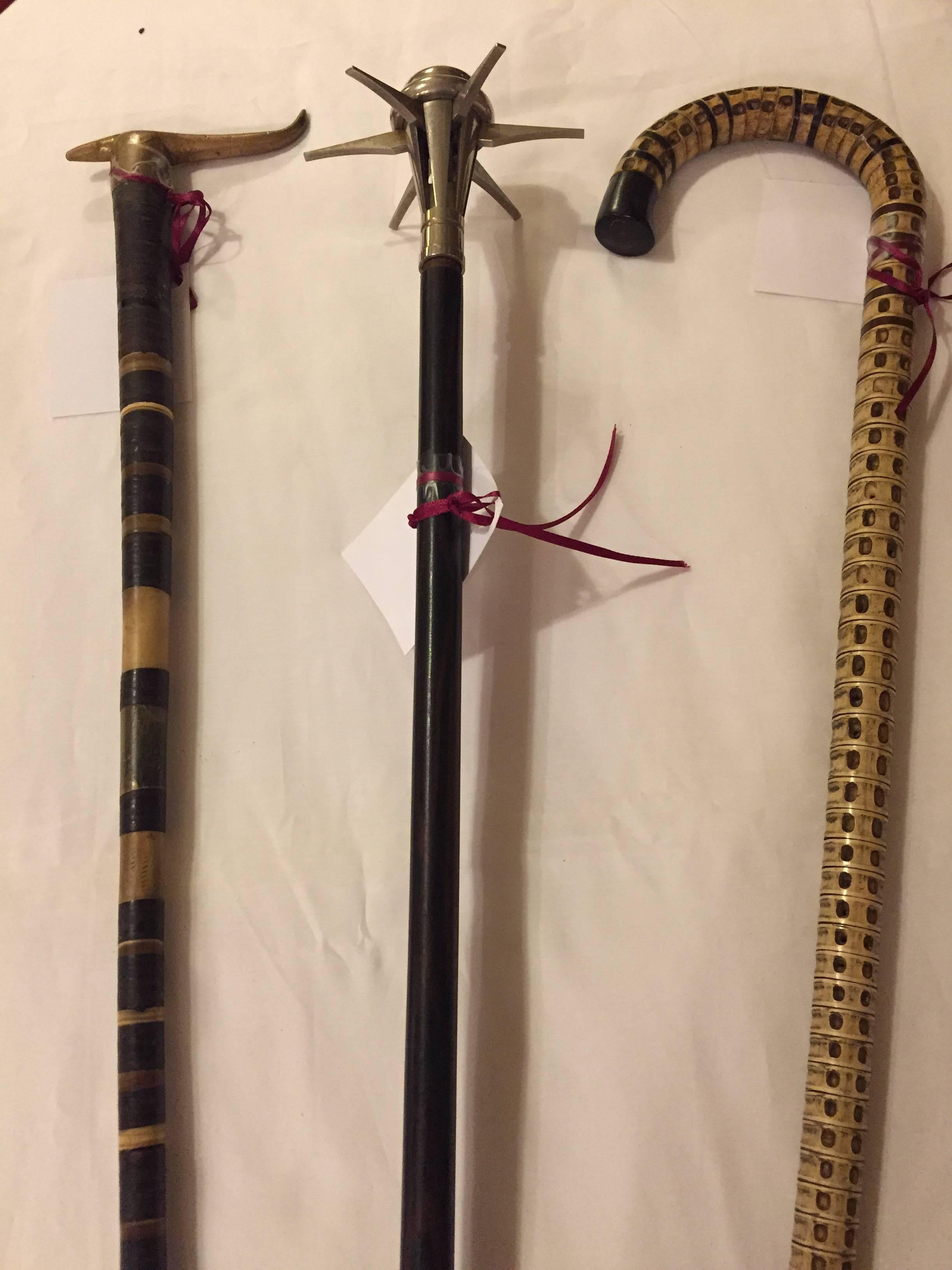 Vintage group of three of a vast collection of walking canes or walking sticks. Price listed is for all three sticks however, you may purchase one stick if only one stick is wanted.

409-C4 Elephant training stick 
409-C5 French Spike stick