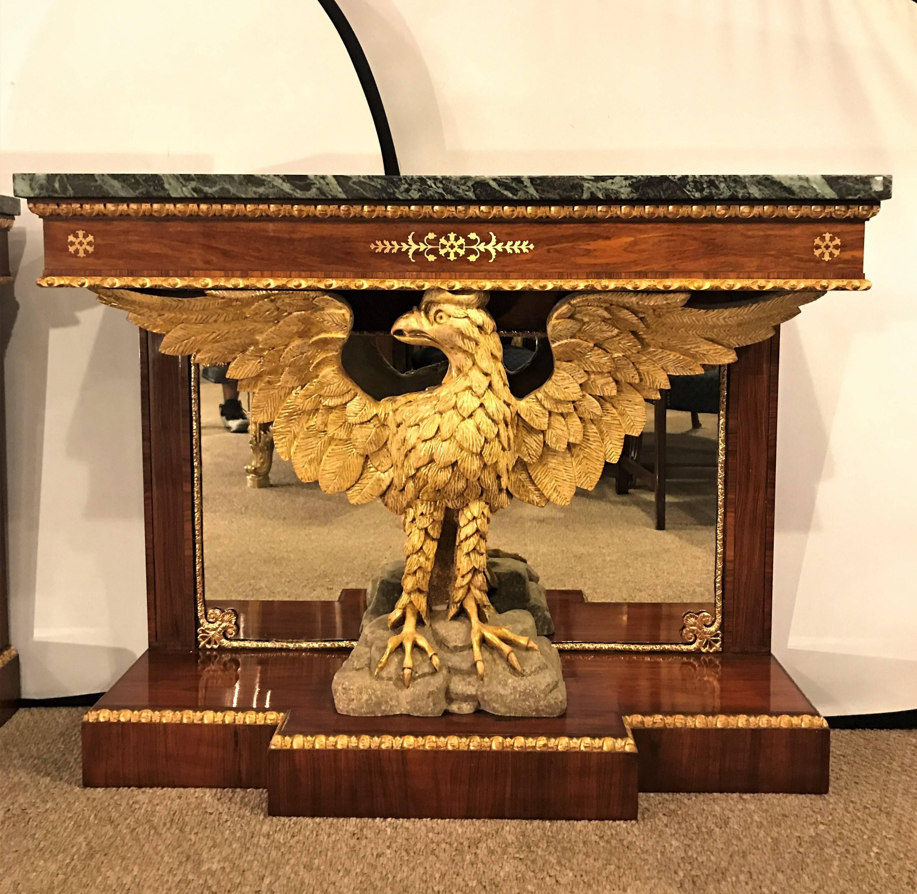 American Designer, Federal Consoles, Mahogany, Marble, Gold Gilt, Mirror, 1940s For Sale 1