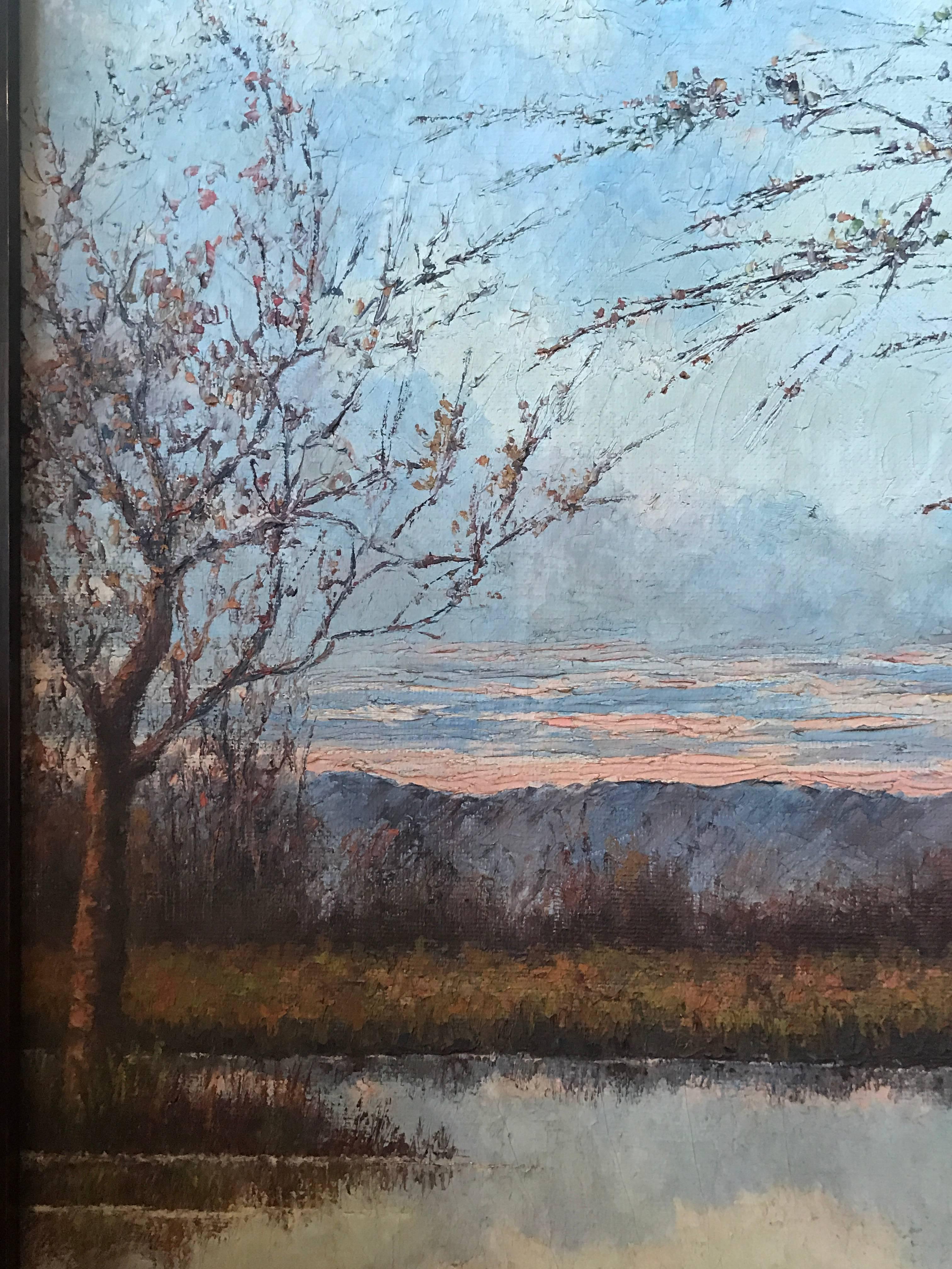 20th Century Framed Oil on Canvas Painting or a Lake Landscape Signed and Dated, 1910