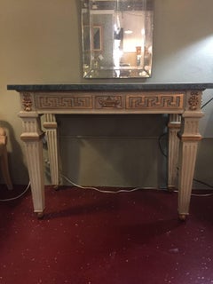 Pair of Parcel Gilt and Paint Decorated Checkerboard Marble-Top Consoles