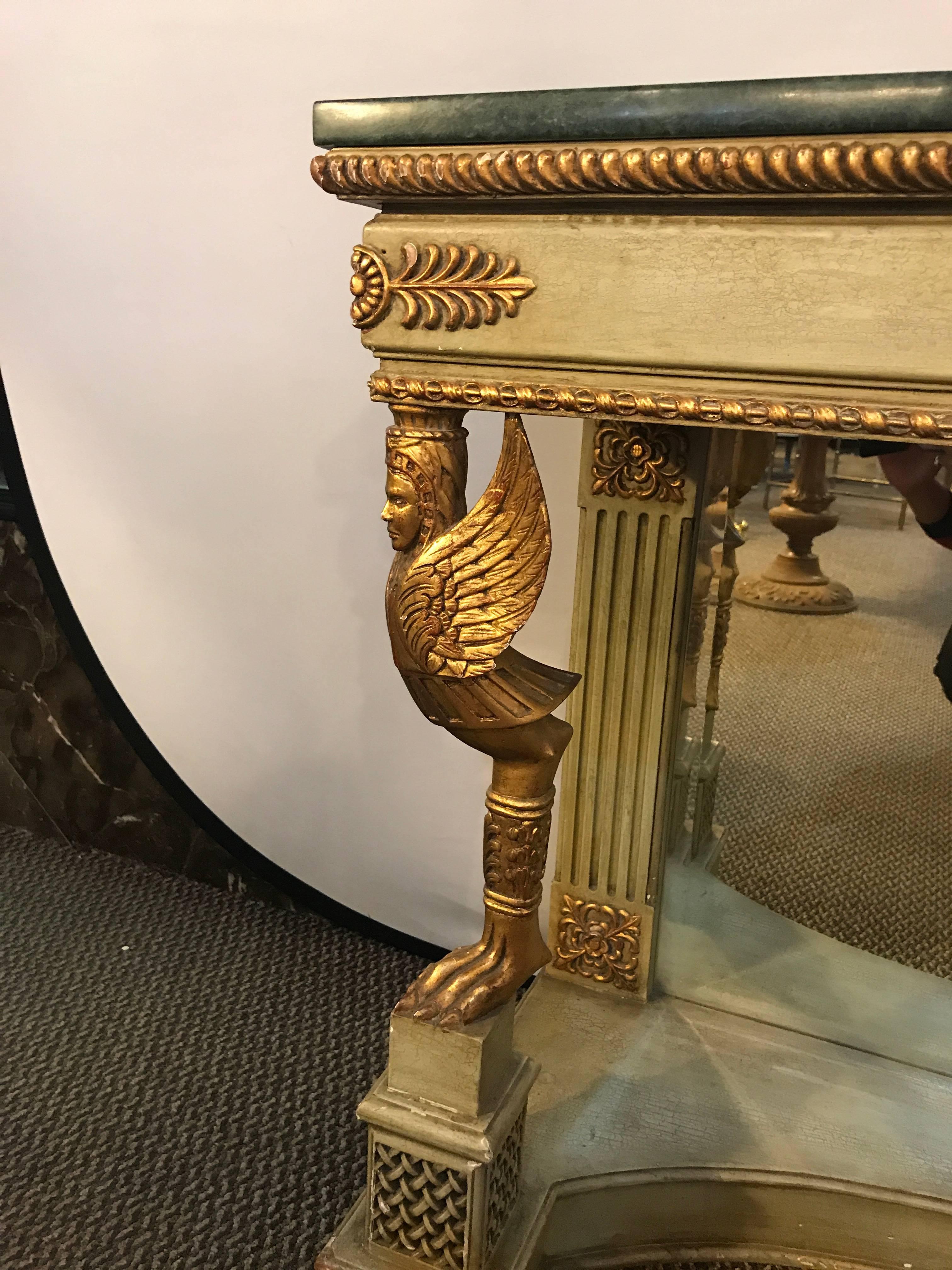 Hollywood Regency French Marble-Top Console with Gilt Carved Figures and Malachite Style Marble