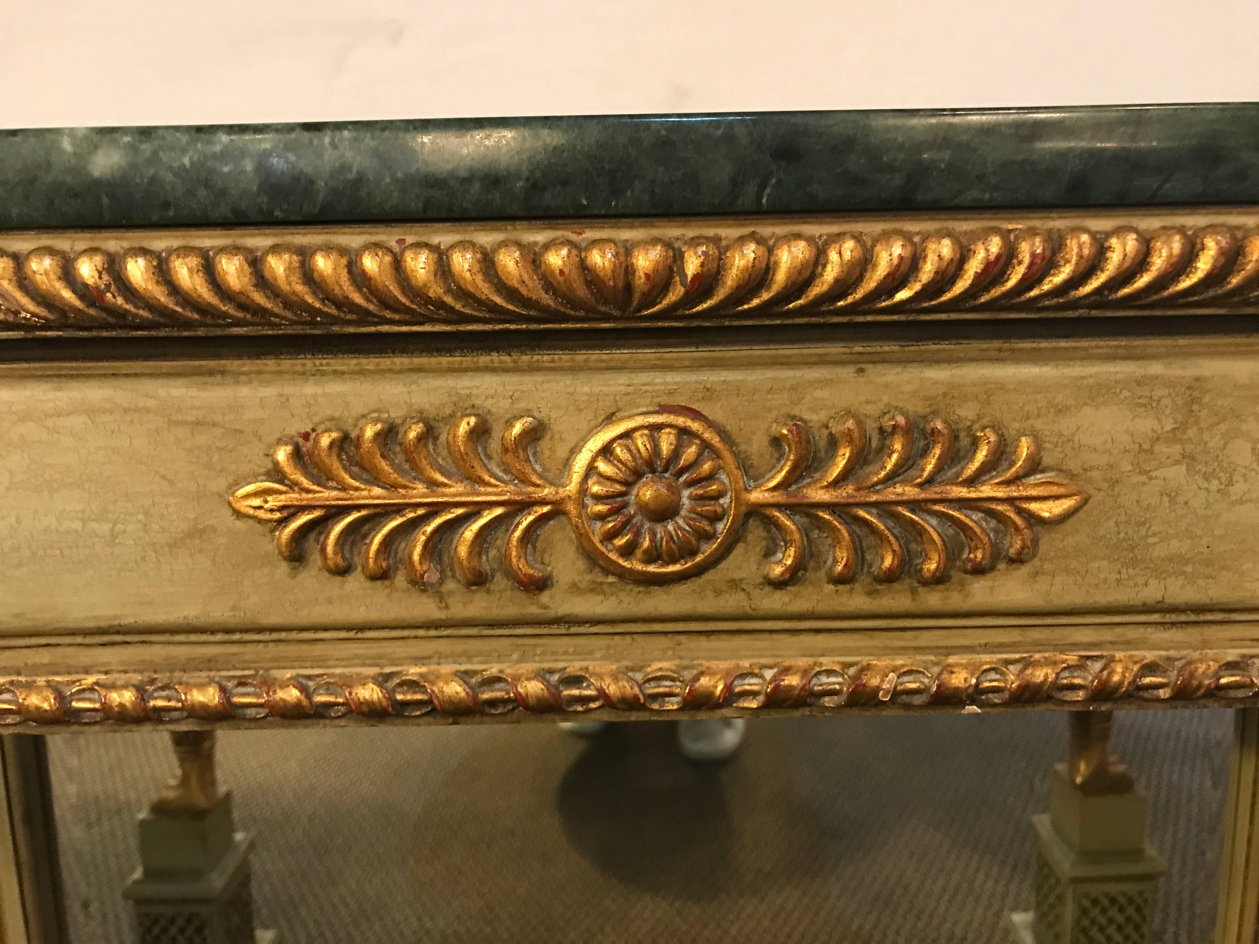 Wood French Marble-Top Console with Gilt Carved Figures and Malachite Style Marble