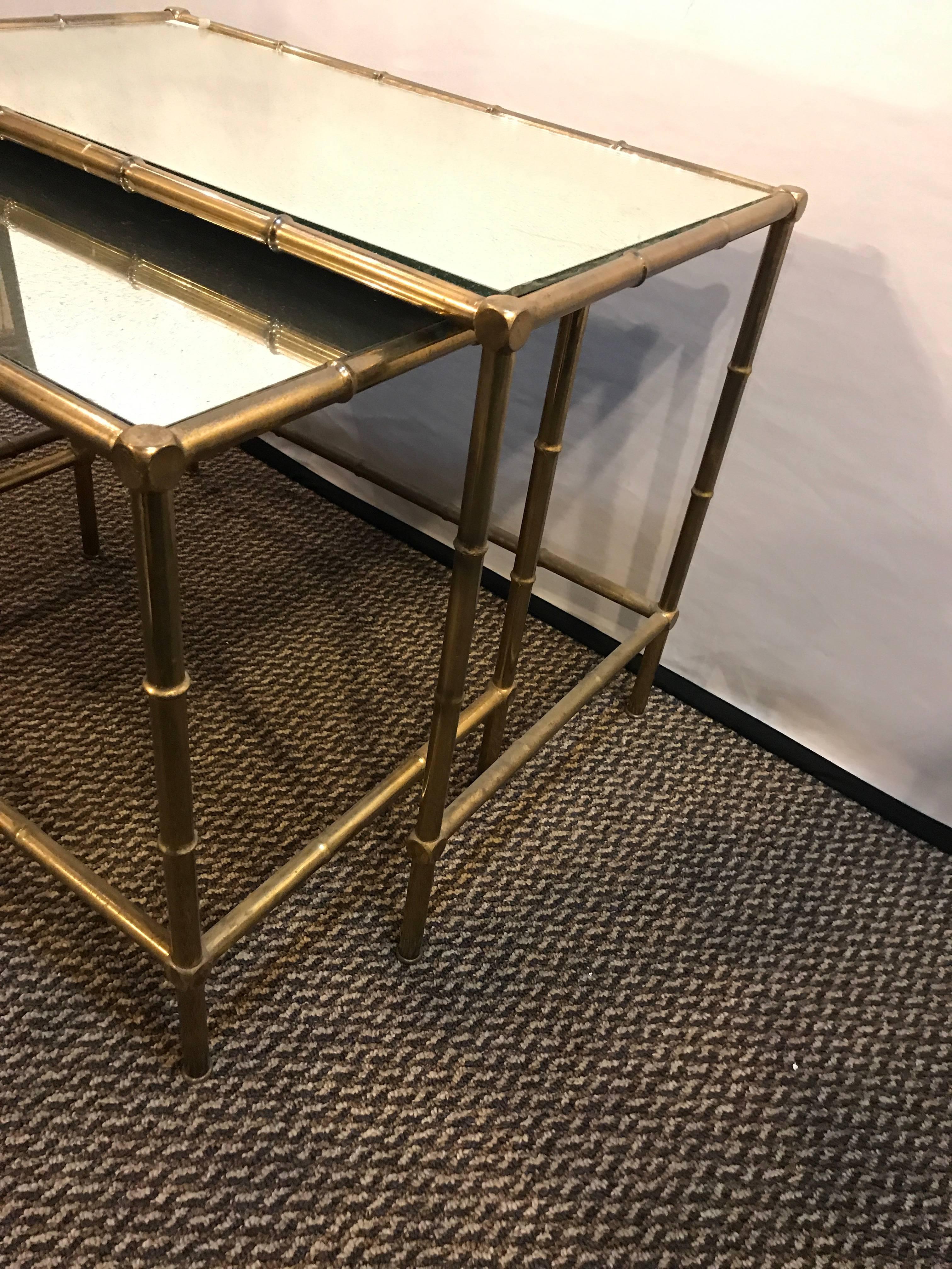 Hollywood Regency Brass Nest of Tables with Mirror Tops in Bamboo Form