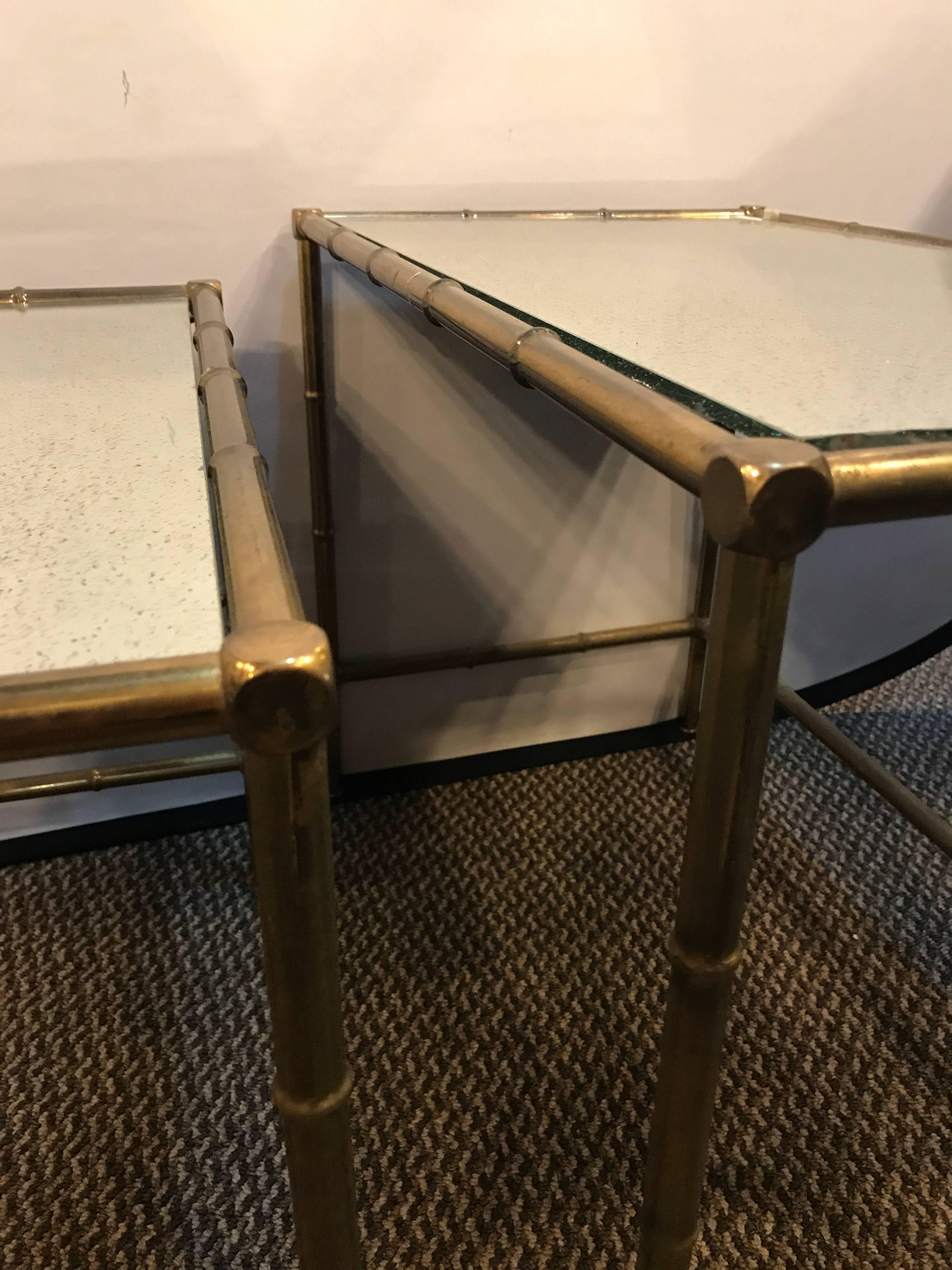 Brass Nest of Tables with Mirror Tops in Bamboo Form 4