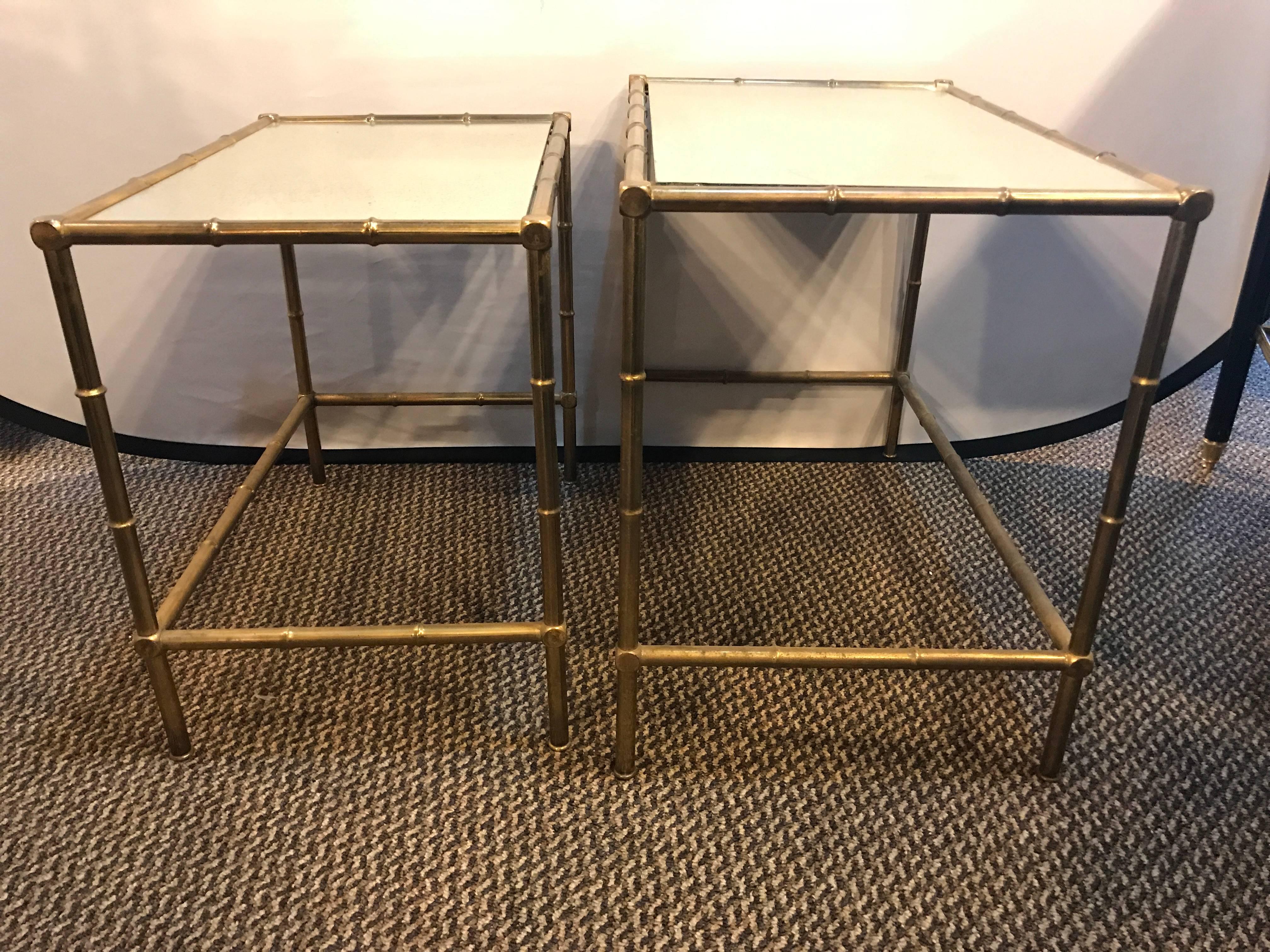 Brass Nest of Tables with Mirror Tops in Bamboo Form In Good Condition In Stamford, CT