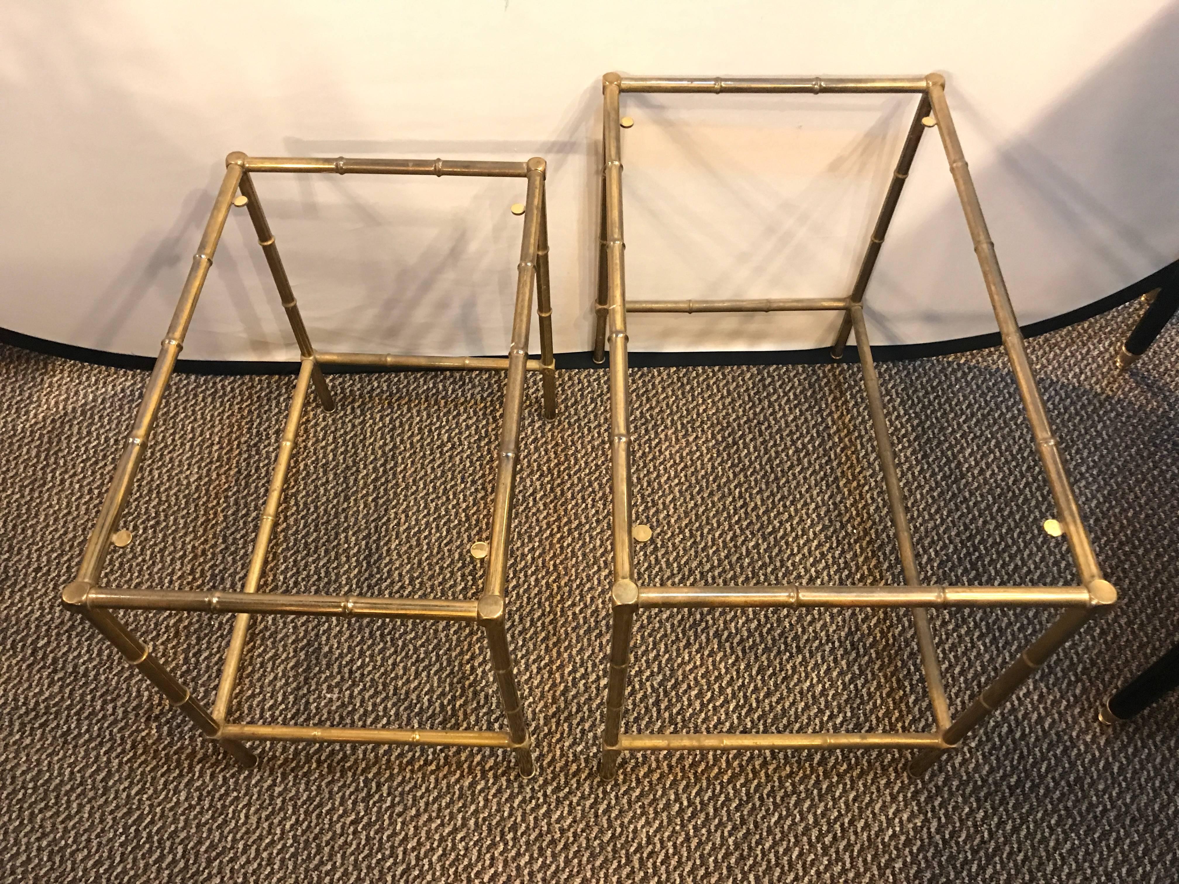 Brass Nest of Tables with Mirror Tops in Bamboo Form 2