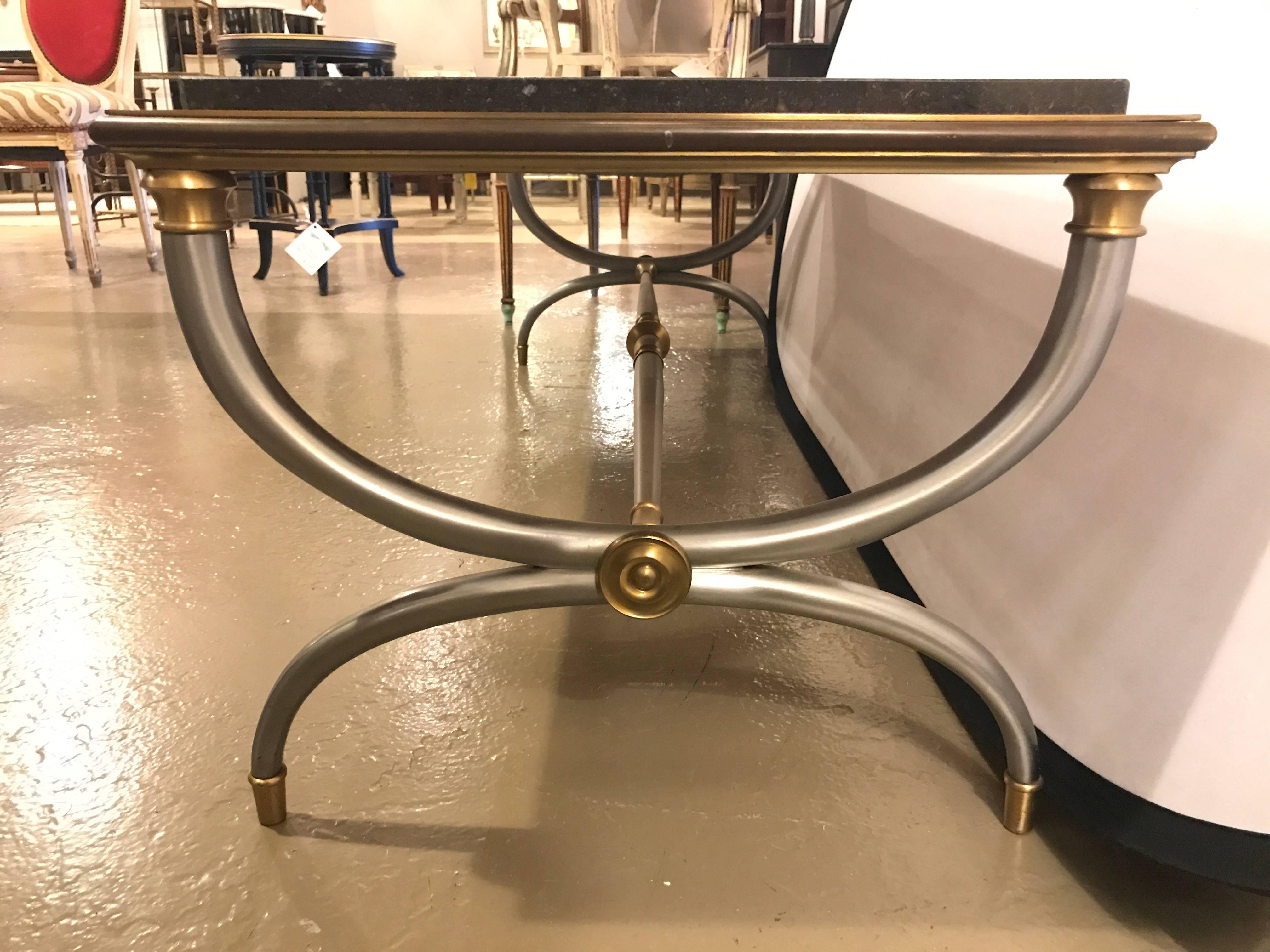 20th Century Hollywood Regency Steel and Brass Black Marble-Top Maison Jansen Coffee Table