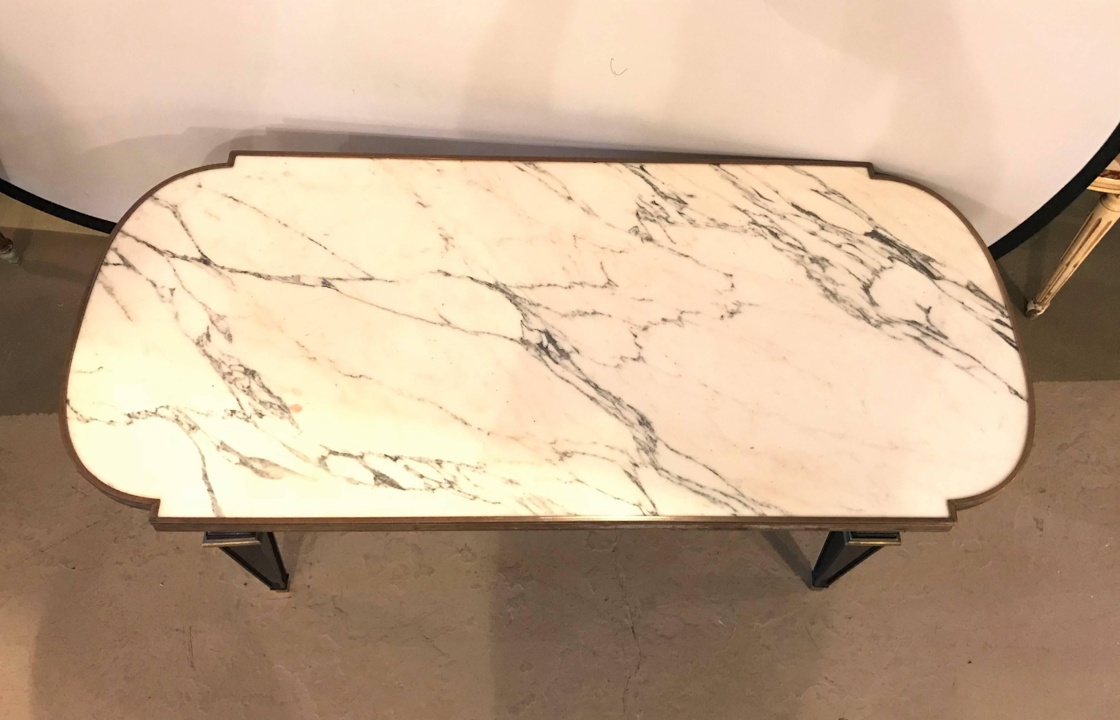 Louis XVI Style Hollywood Regency Ebonized Marble-Top Coffee Table by Jansen In Good Condition In Stamford, CT