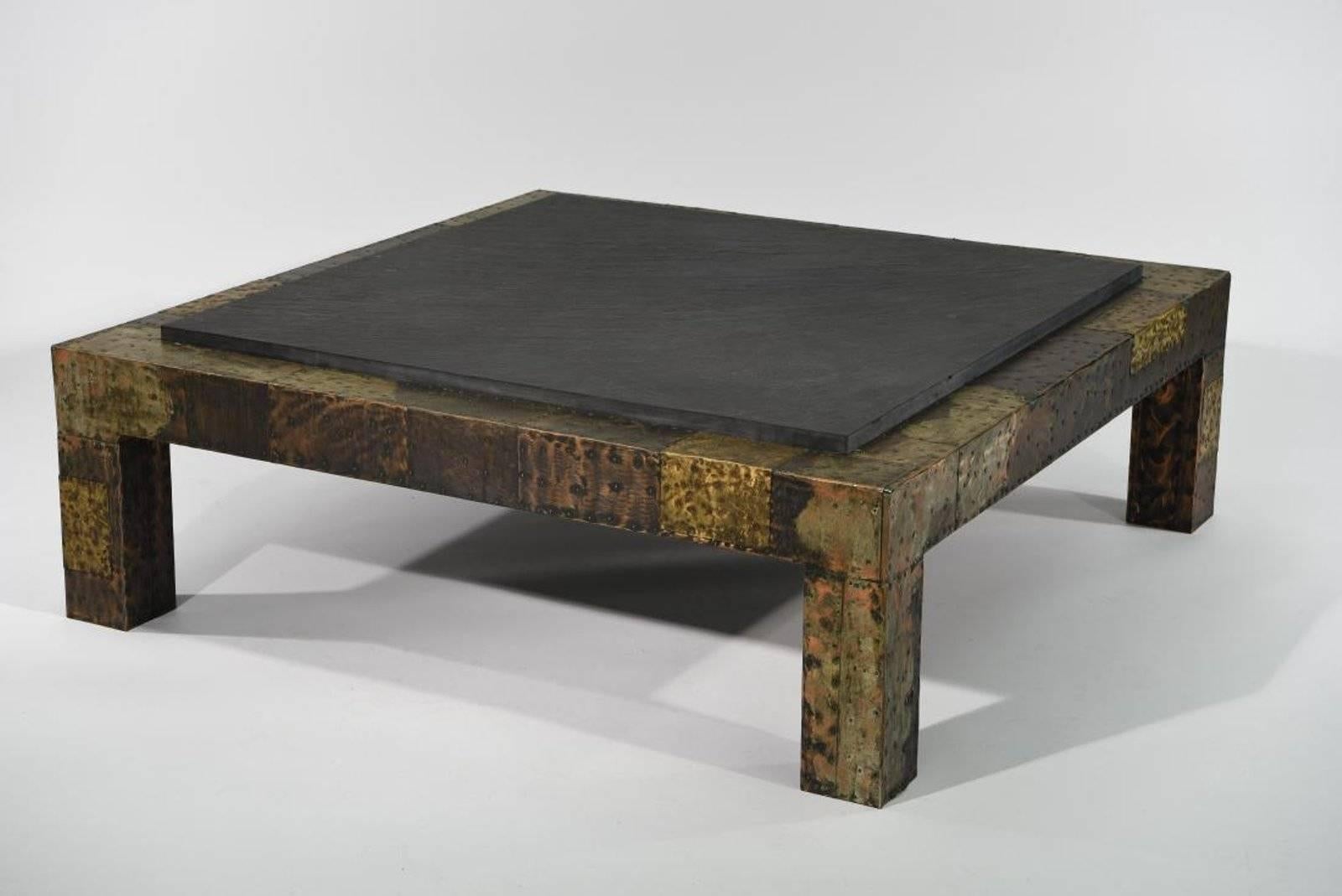 A monumental Pair of Paul Evans for Directional Brutalist patchwork metal coffee table with slate top. Part of a large collection of Paul Evans items fresh from an estate. Reference: Paul Evans designer and sculptor, Jeffrey Head, pg. 68 A designer
