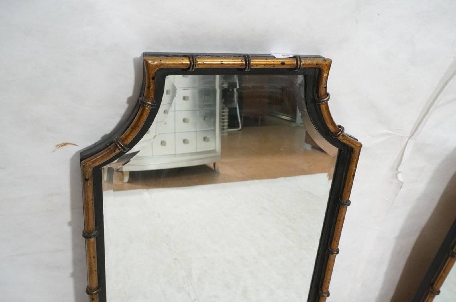 Pair of Hollywood Regency Style Faux Bamboo Decorator Metal Wall Mirrors In Good Condition In Stamford, CT