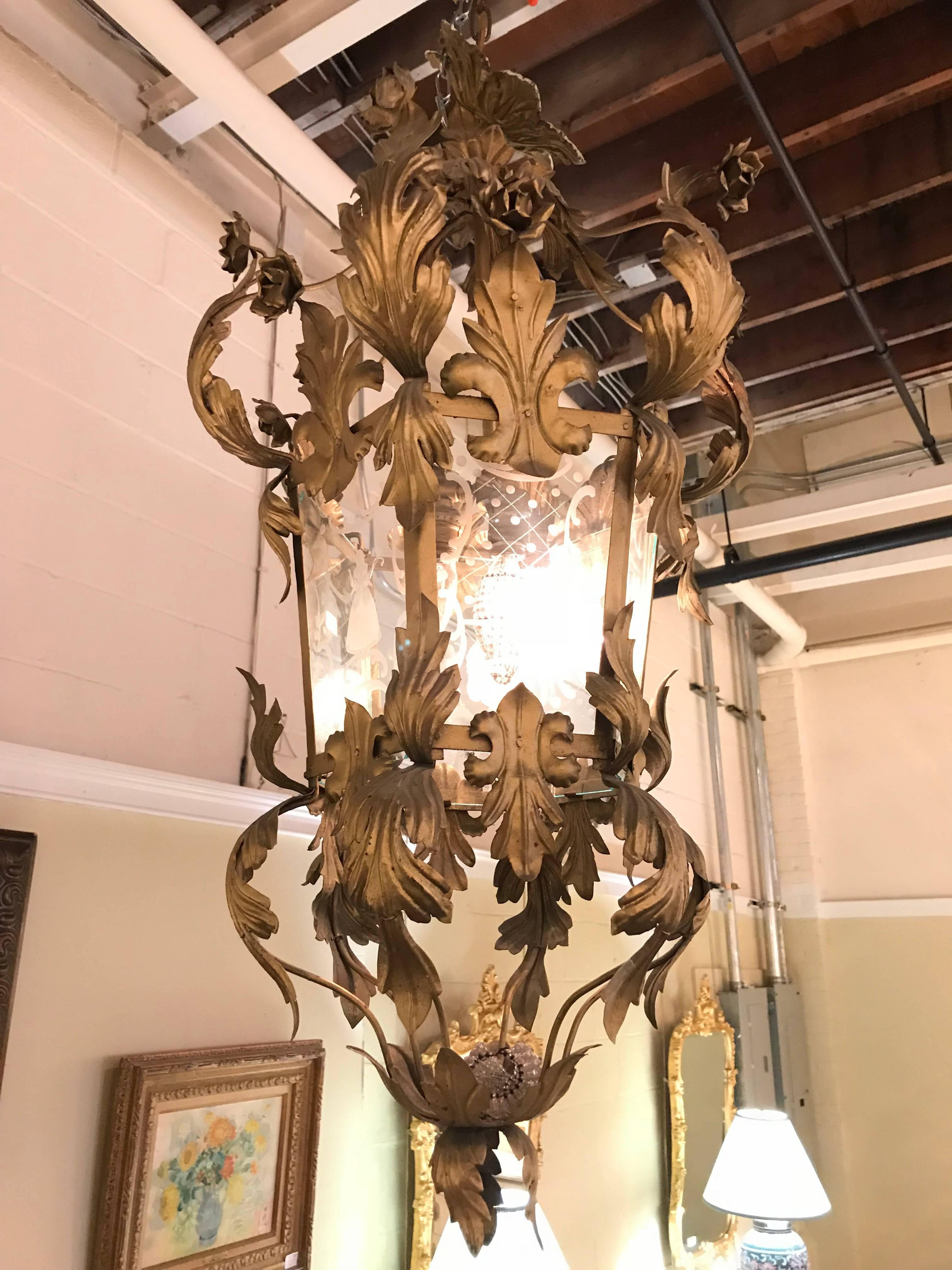 20th Century Hollywood Regency Gilt Metal Etched Glass Hanging Lantern For Sale