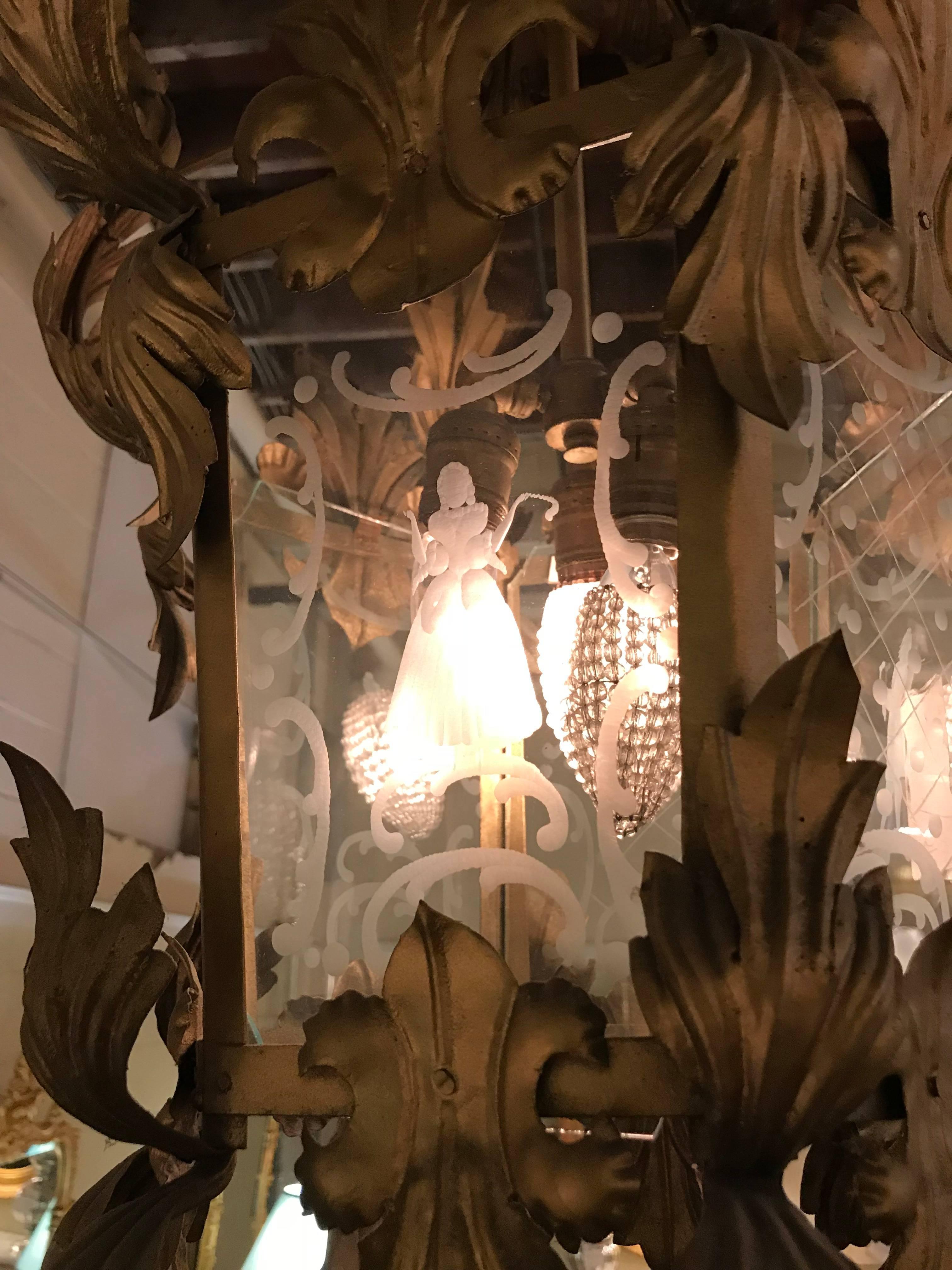 Hollywood Regency Gilt Metal Etched Glass Hanging Lantern For Sale 1