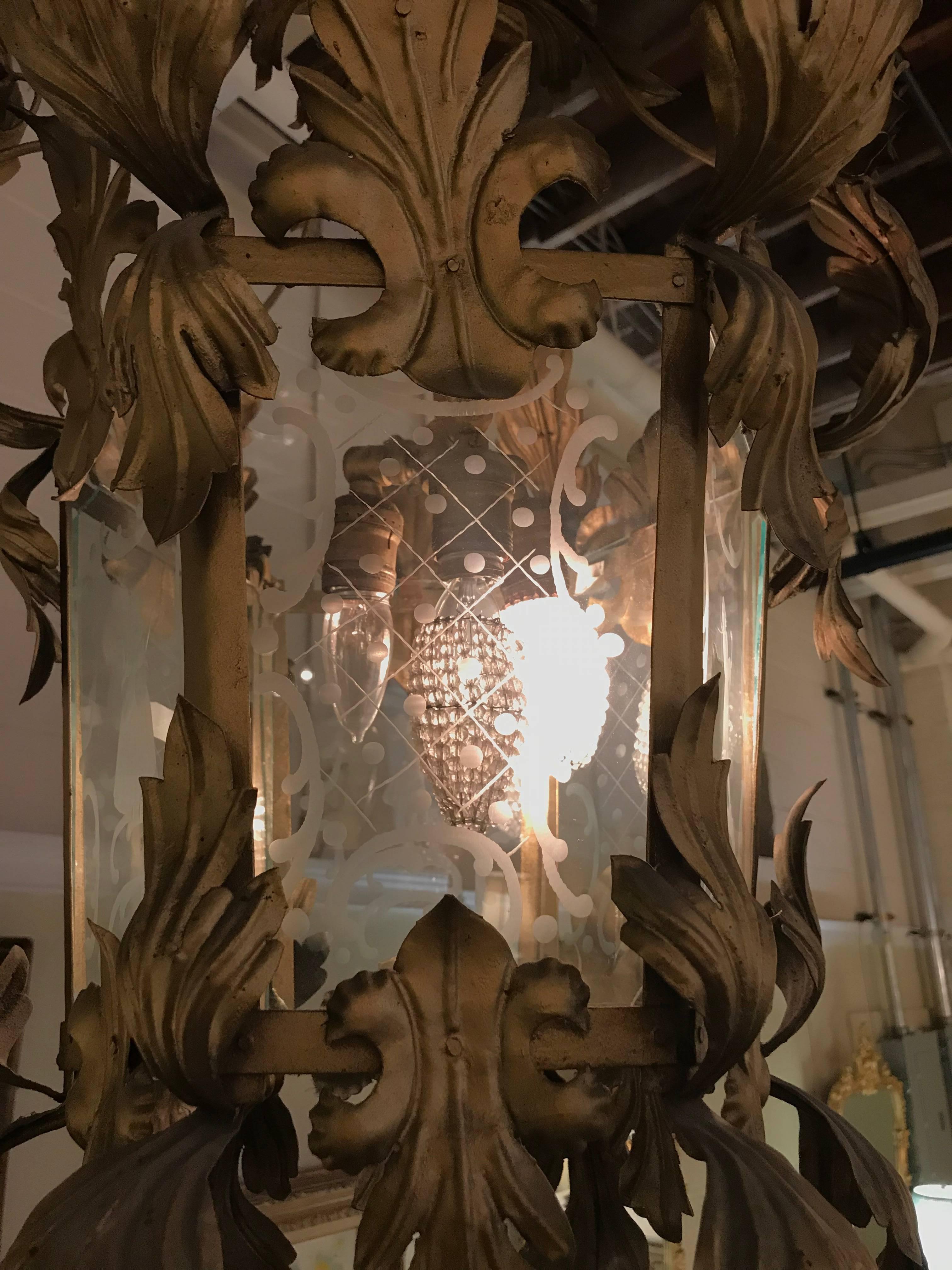 Hollywood Regency Gilt Metal Etched Glass Hanging Lantern For Sale 2
