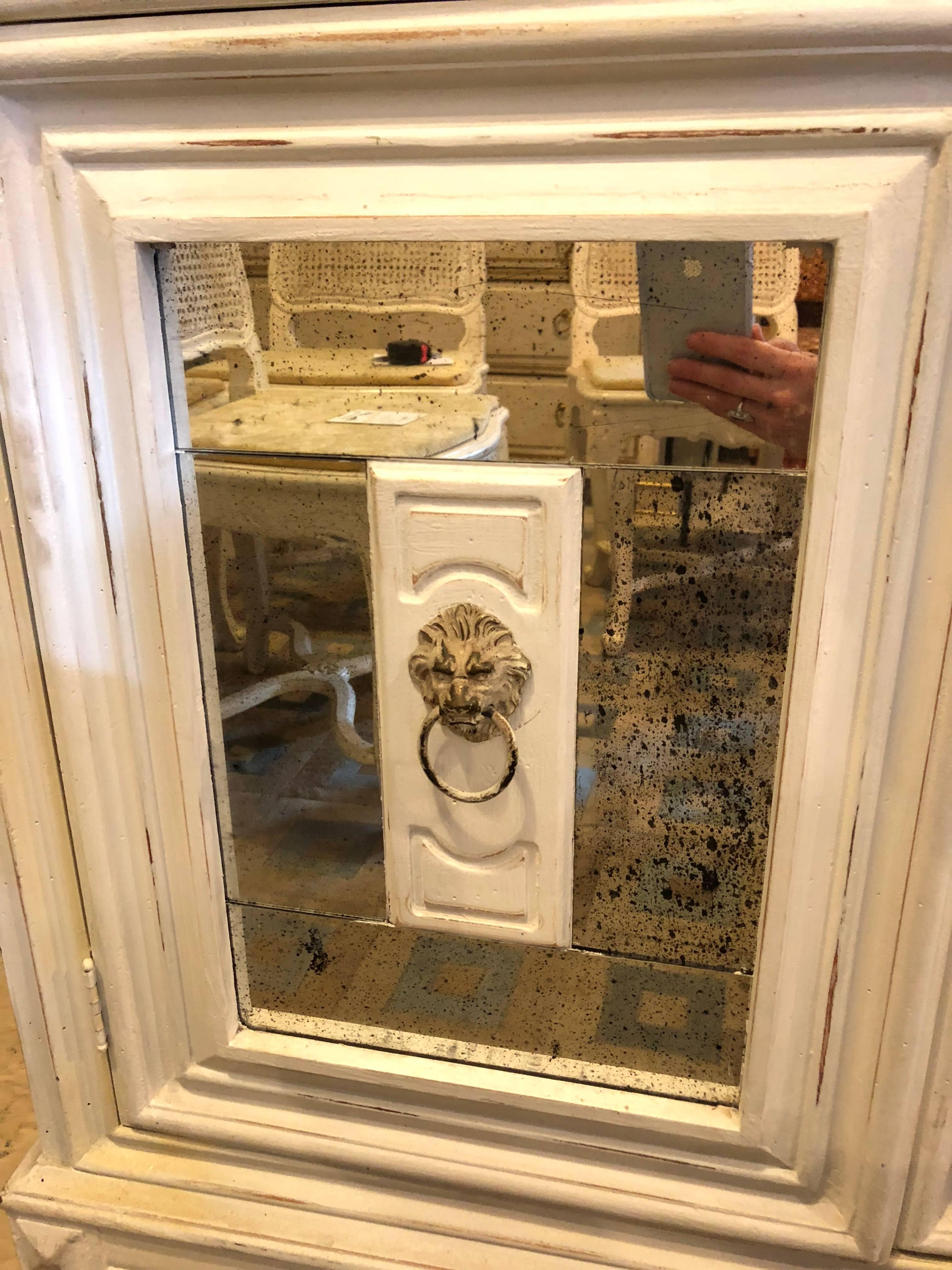 Wood Swedish Style Distressed Paint Decorated Cabinet Having a Mirrored Bottom