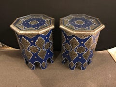 Pair of Moroccan Silver Metal Inlaid Side Table in Blue