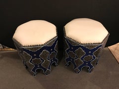 Pair of Moroccan Silver Metal Inlaid Stools with White Leather