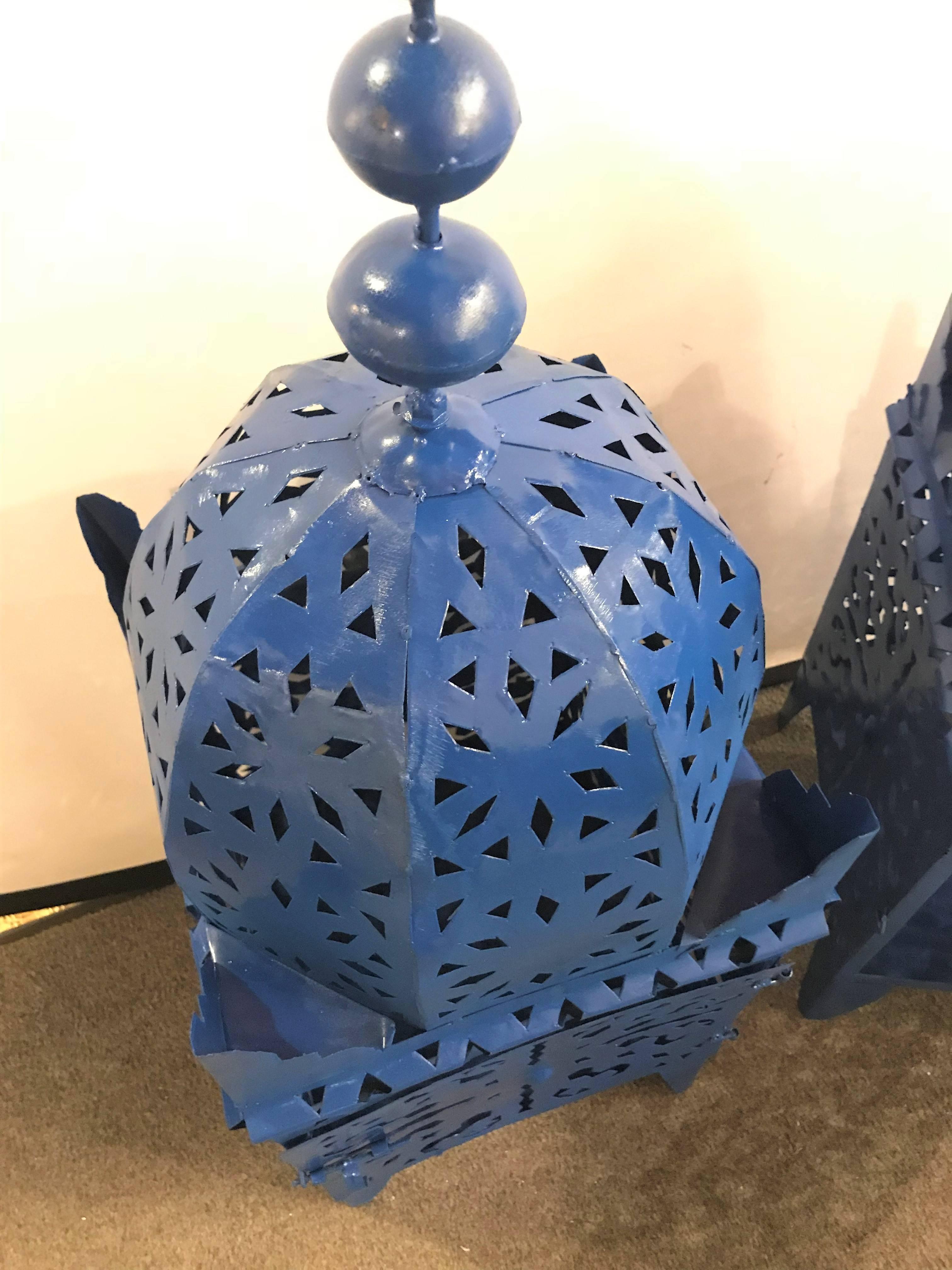 Contemporary Pair of Moroccan Blue Floor Candle Lanterns
