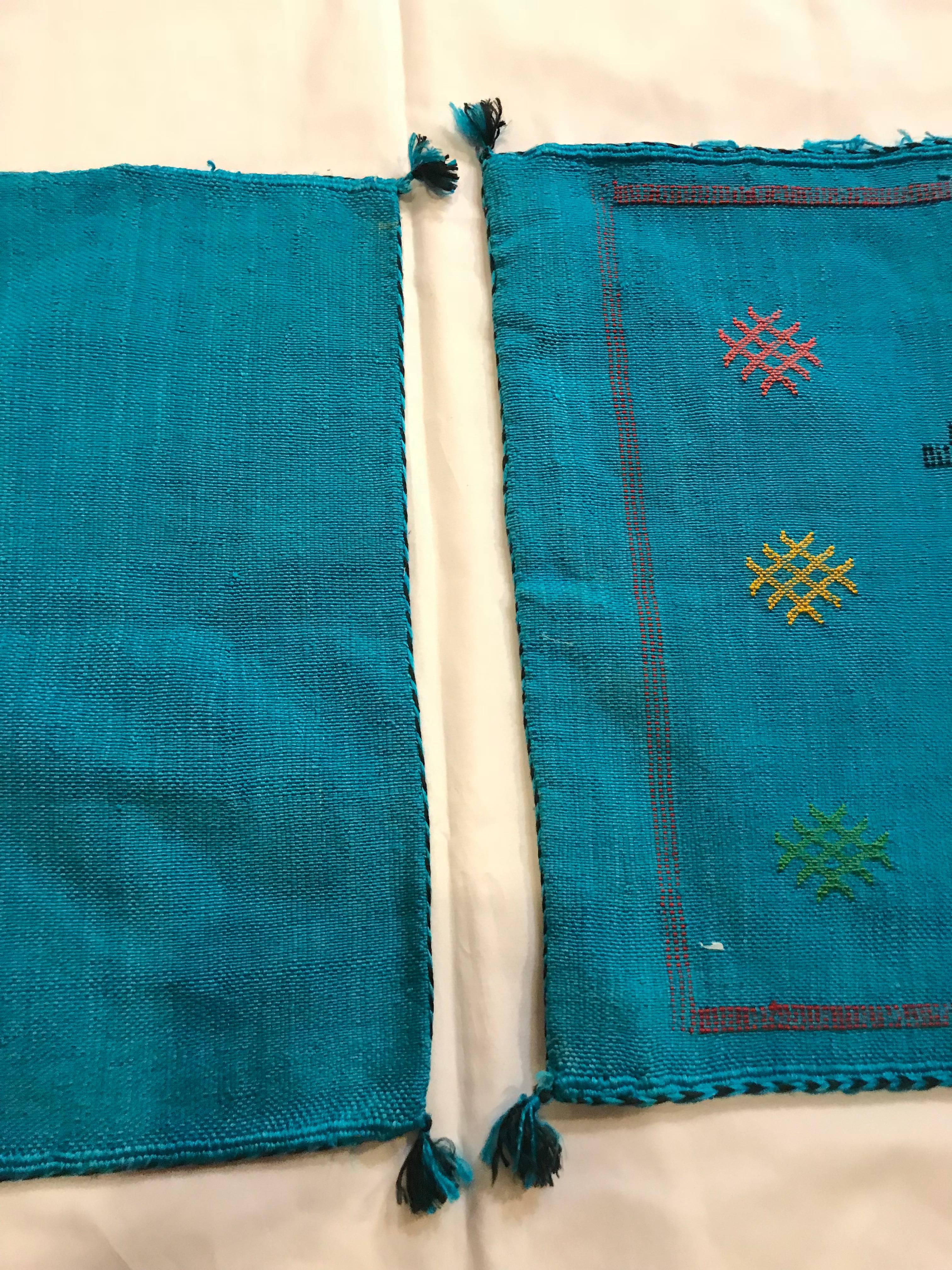 Pair of Moroccan Hand-Loomed Blue Wool Pillowcase 1