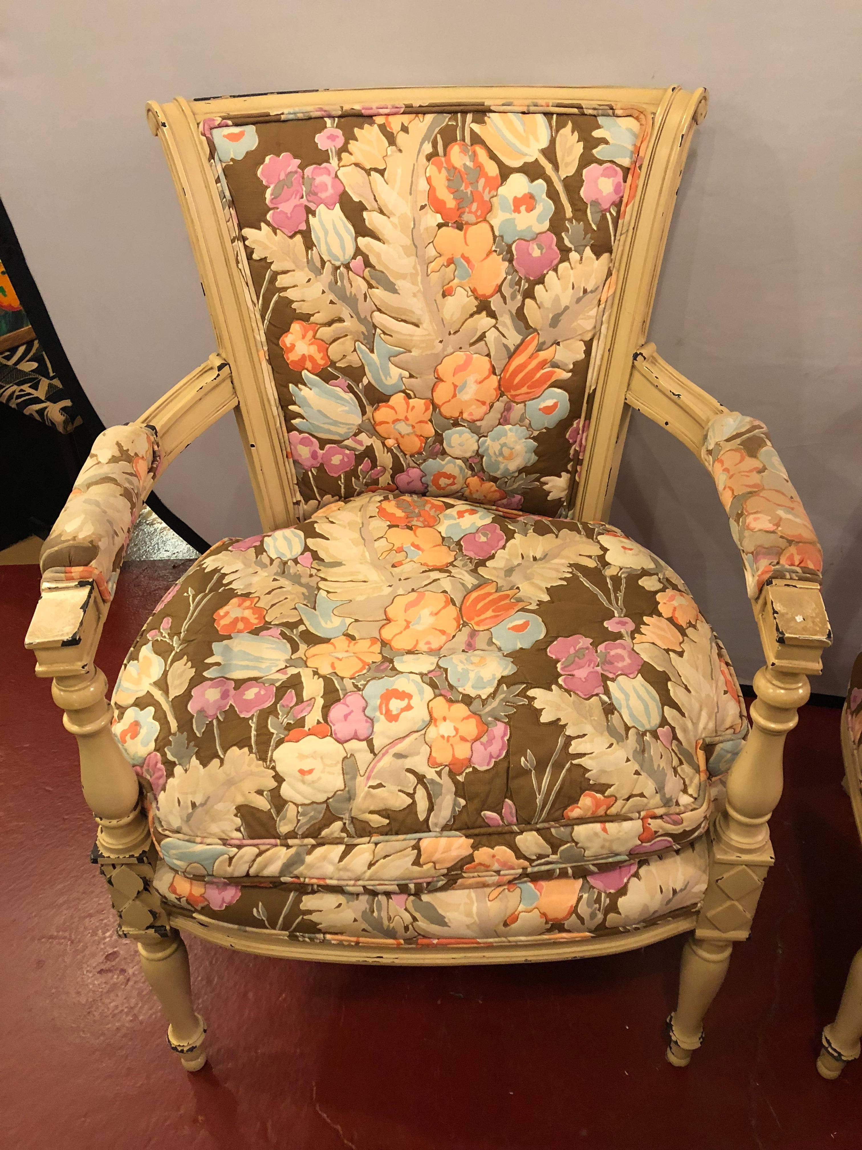 Pair of paint decorated Jansen Fauteuil with attractive fabric. Finely upholstered.