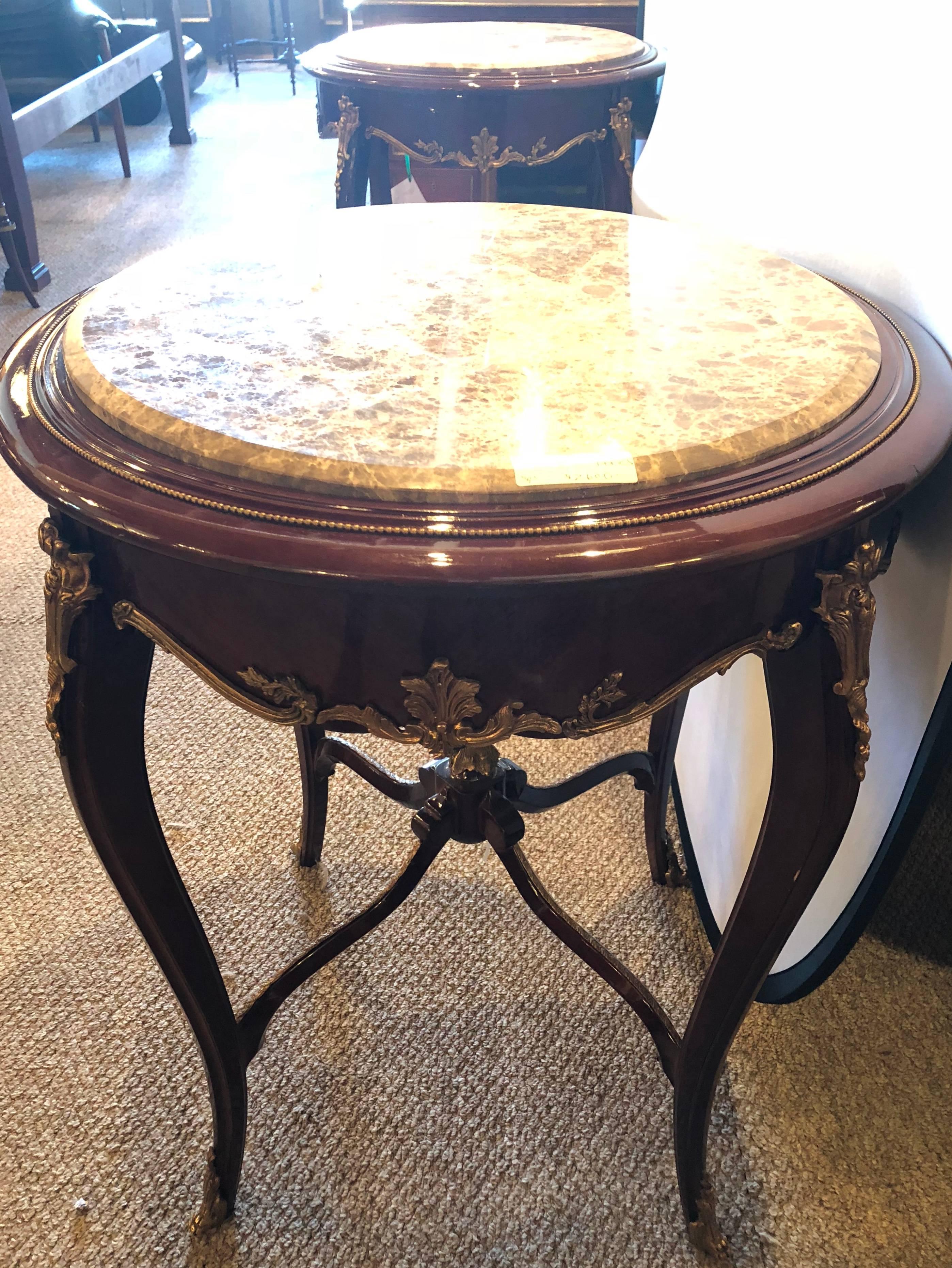 Pair of Louis XV Style Bronze Mounted Highly Detailed Marble-Top End Tables 4