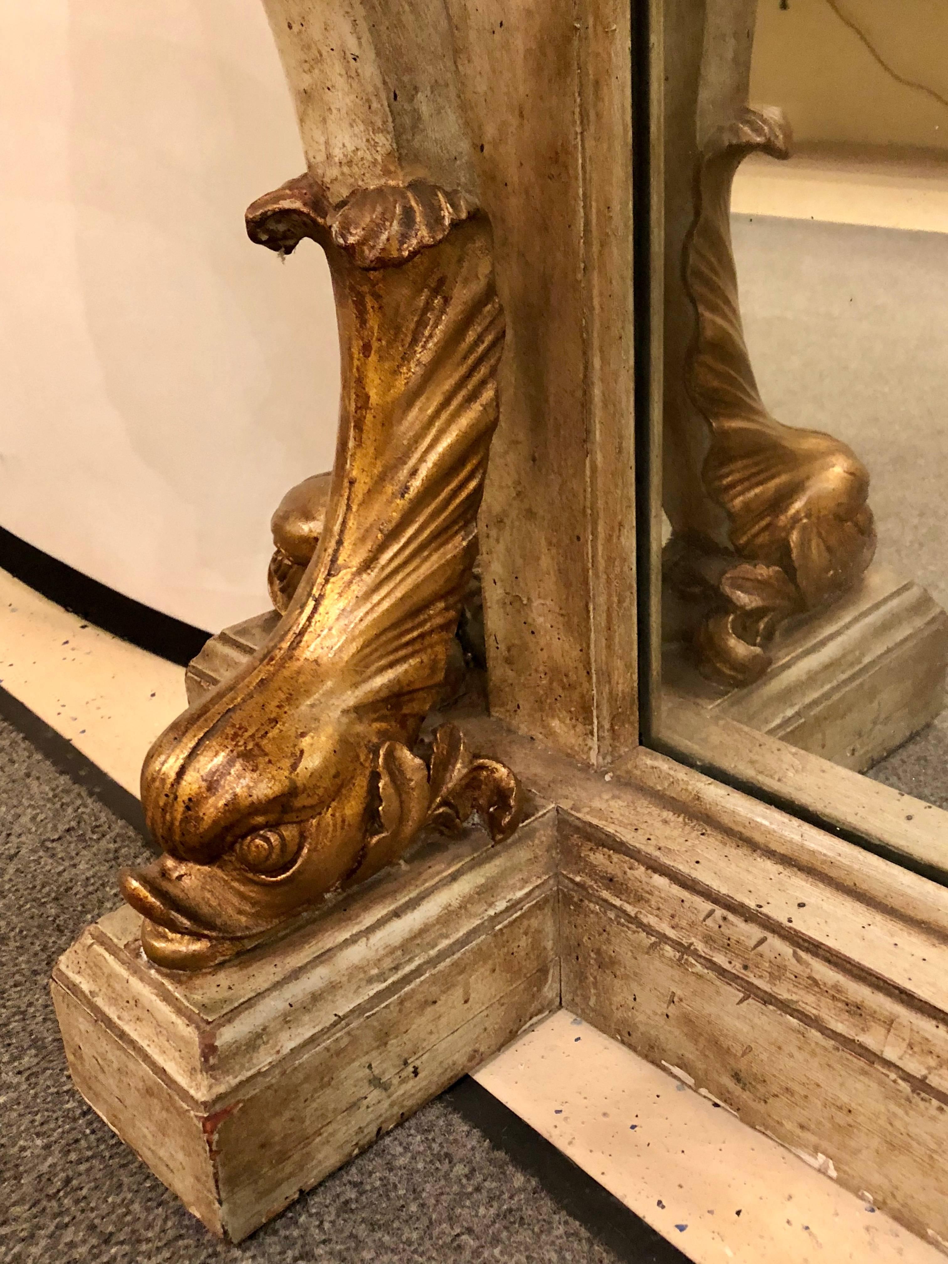 Neoclassical Style Marble-Top Bowed Table Mirrored Back Gilded Dolphin Accents For Sale 1