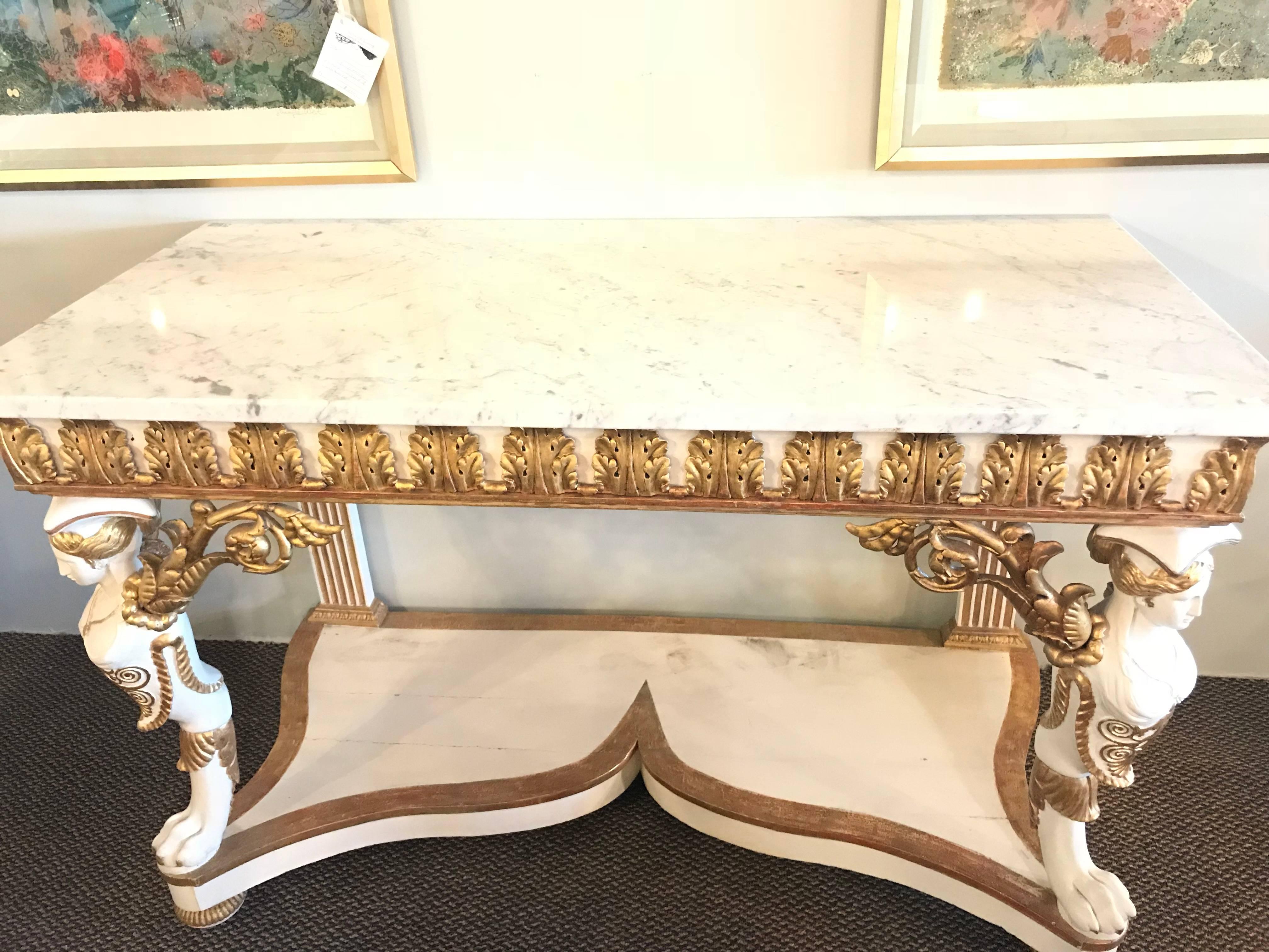 Italian Design, Neoclassical, Console, White Wood, Gilt, Marble, Italy, 1920s For Sale 3