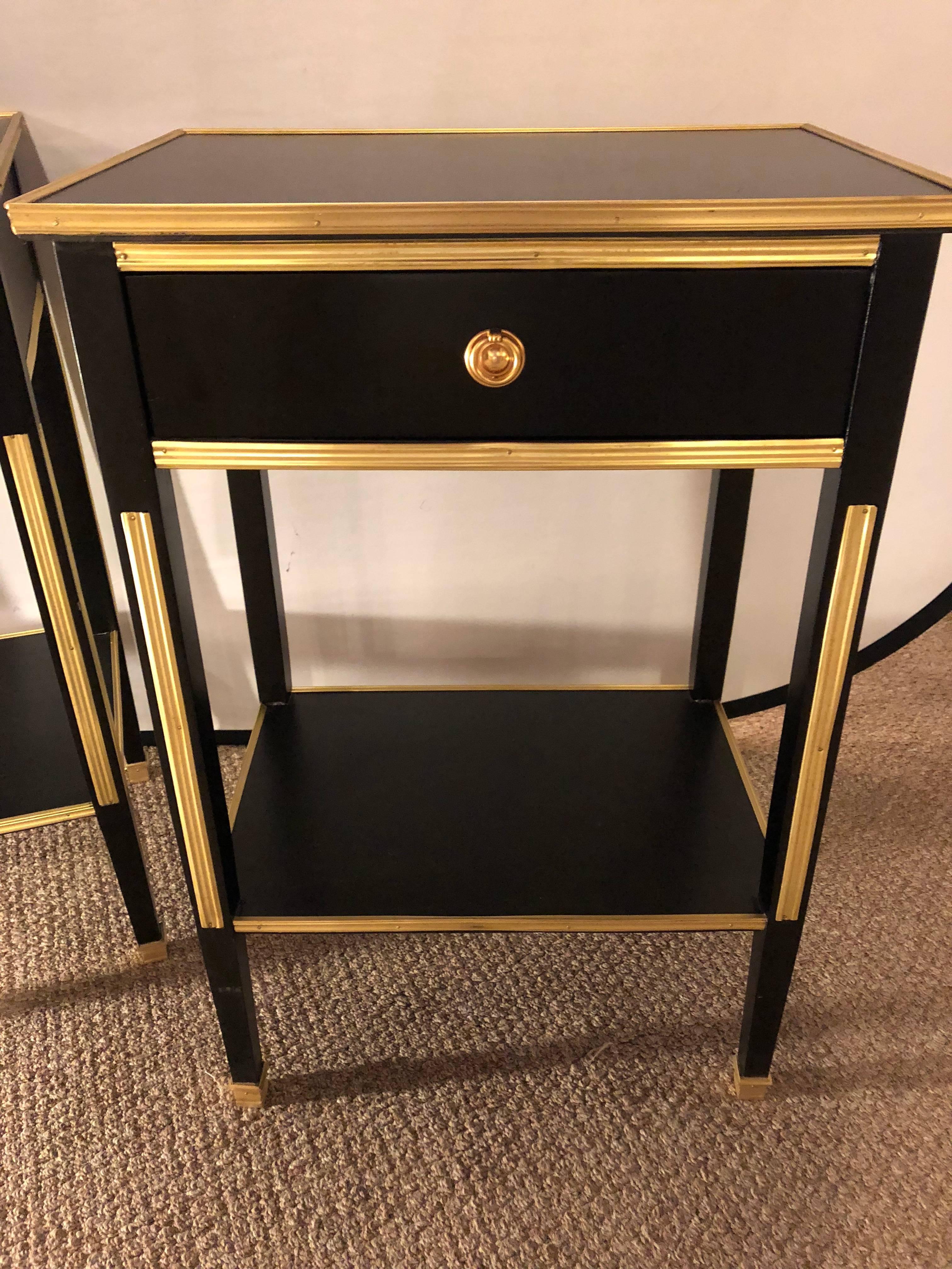 Pair Russian Neoclassical Style Ebony Finish One Drawer Stands or End Tables In Good Condition In Stamford, CT