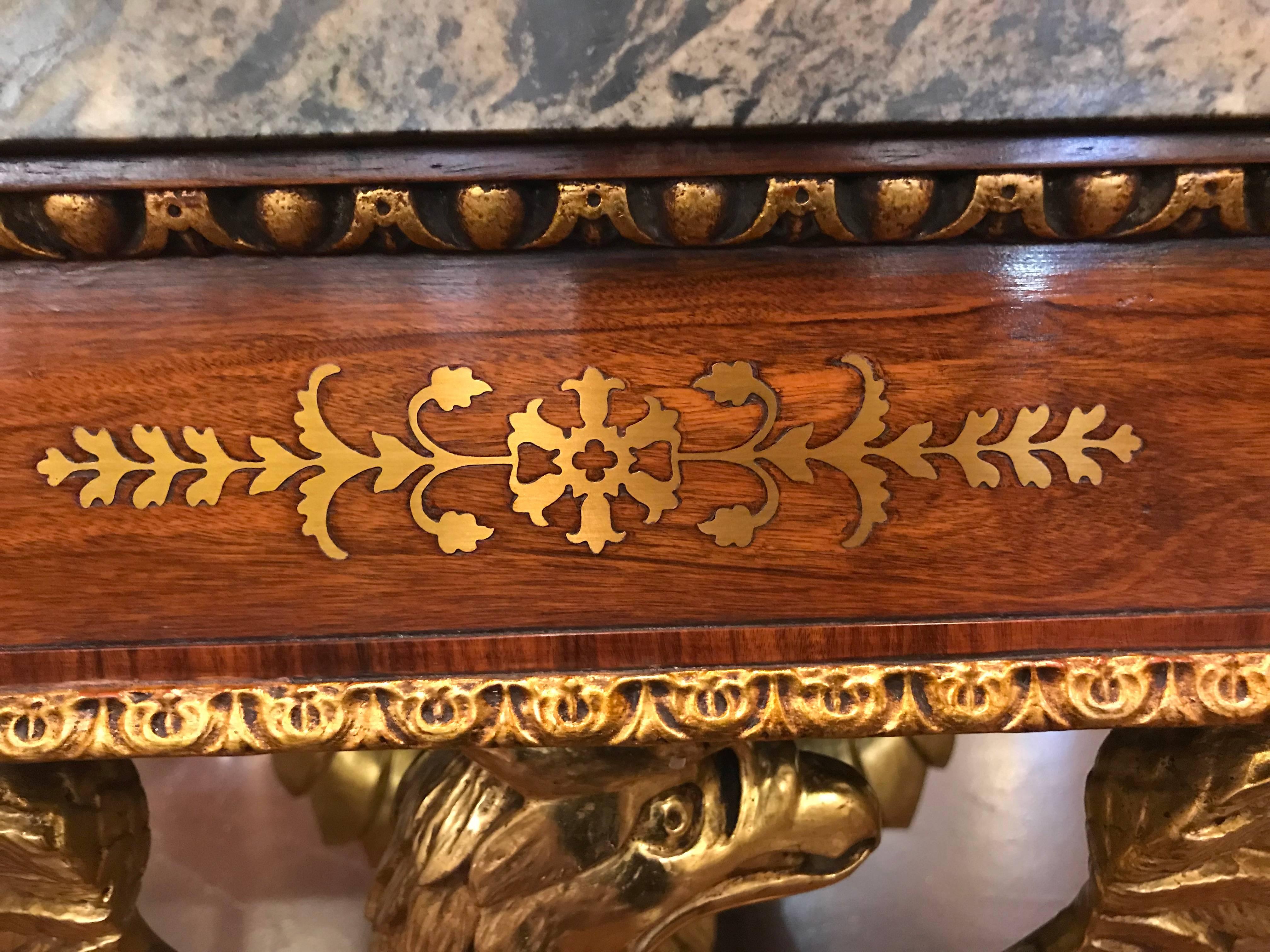 Pair of Regency Style Brass Inlaid Rosewood Parcel-Gilt and Marble Consoles 2