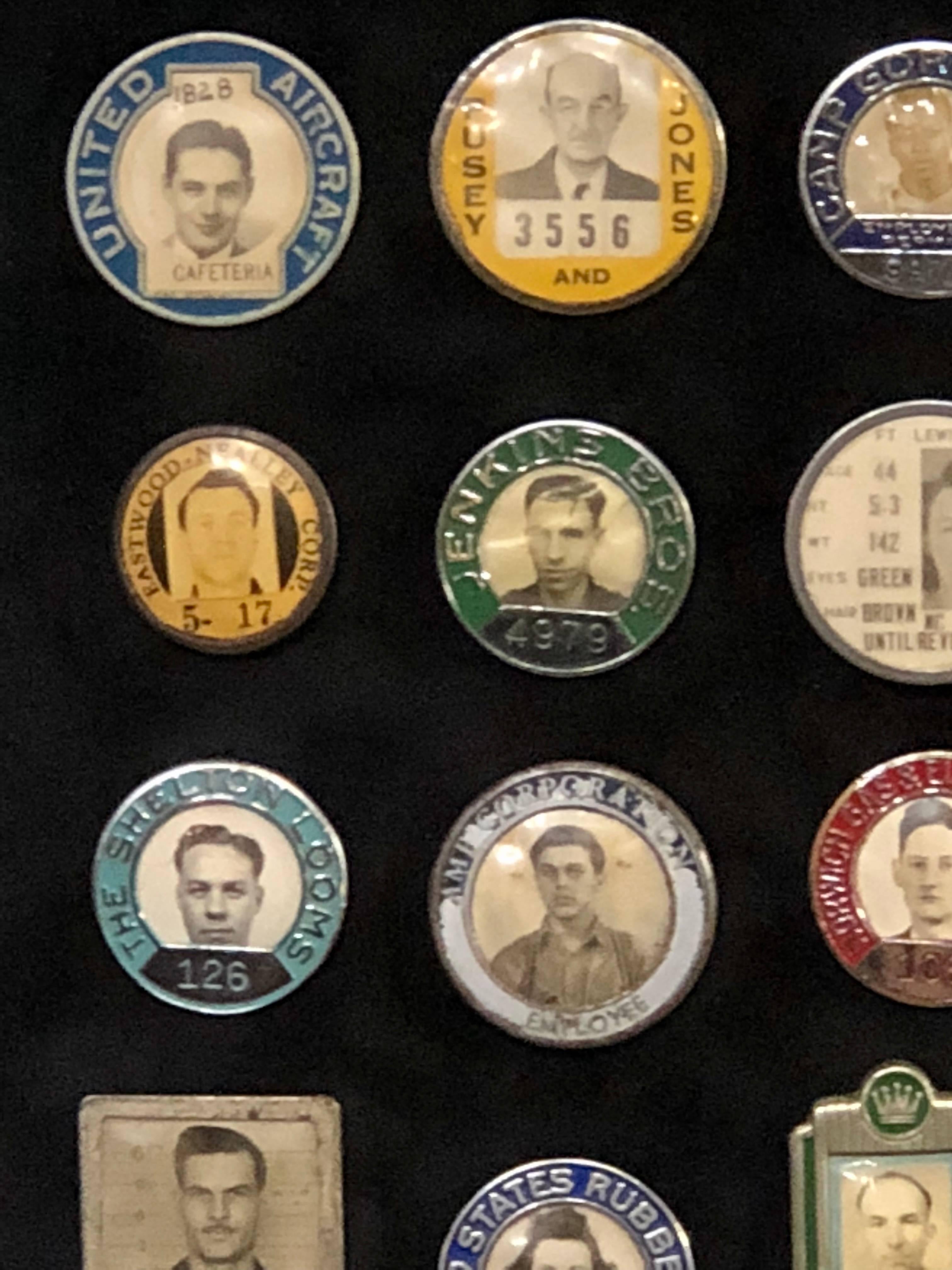 Mid-Century Modern collection of antique employee badges professionally set in a museum quality frame. Approximately fifty vintage Employee badges from a NYC brownstone single collector. This fine set of badges have been carefully cleaned and framed