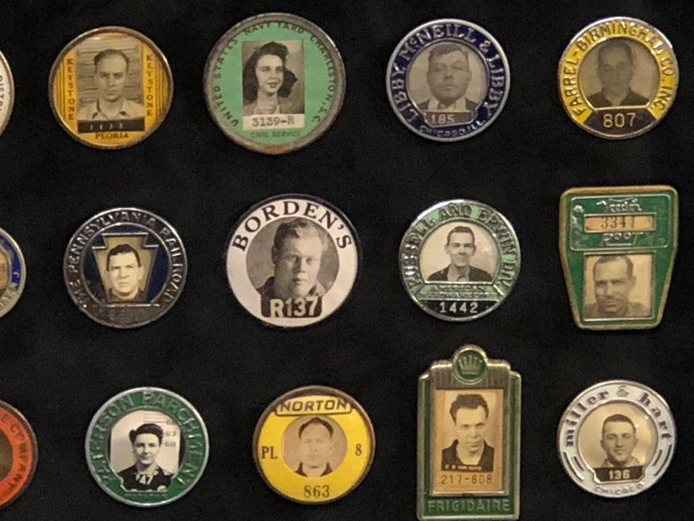 Collection of Antique Employee Badges Professionally Set in Museum Quality Frame at 1stDibs