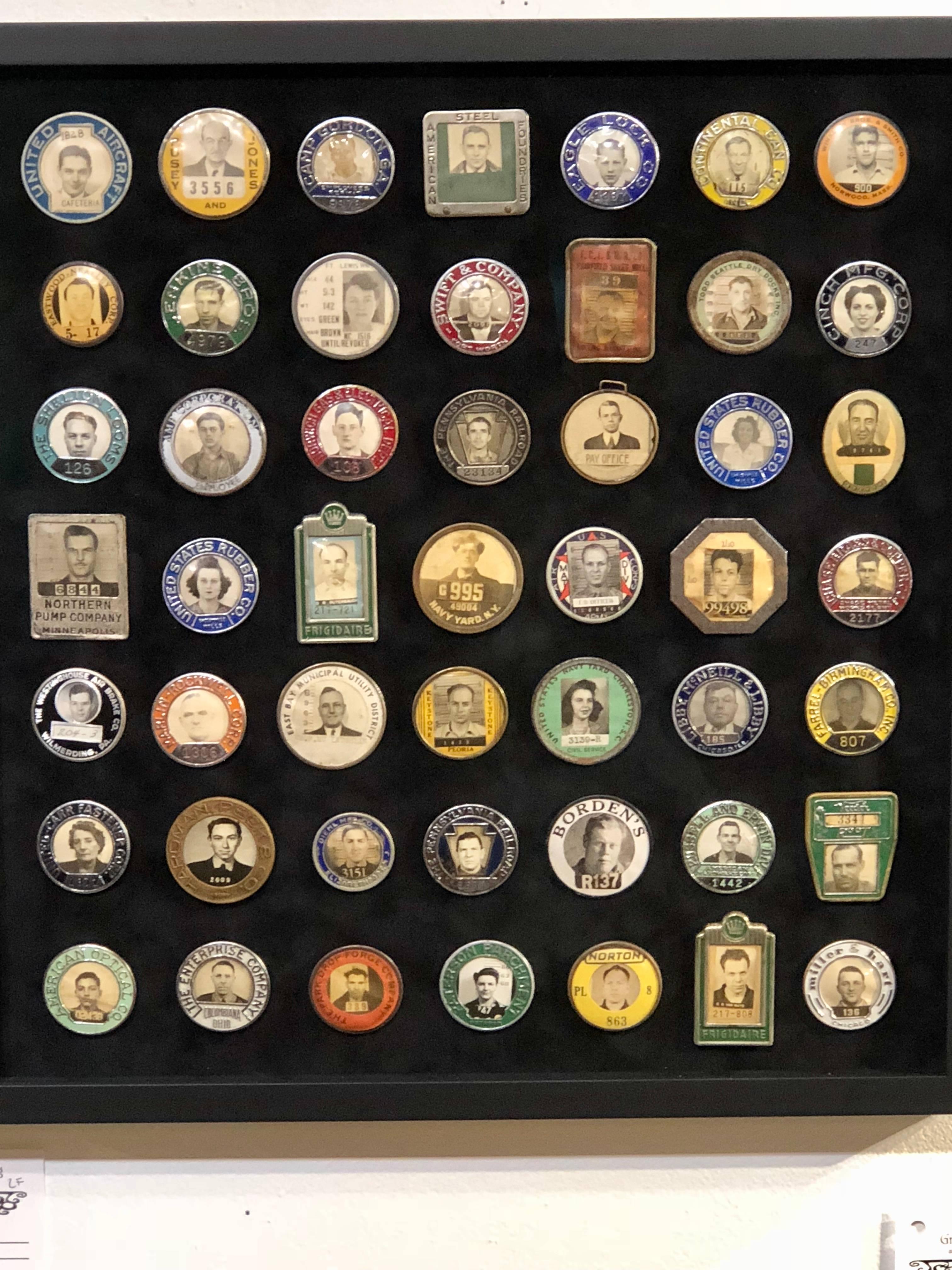 Collection of Antique Employee Badges Professionally Set in Museum Quality Frame 1
