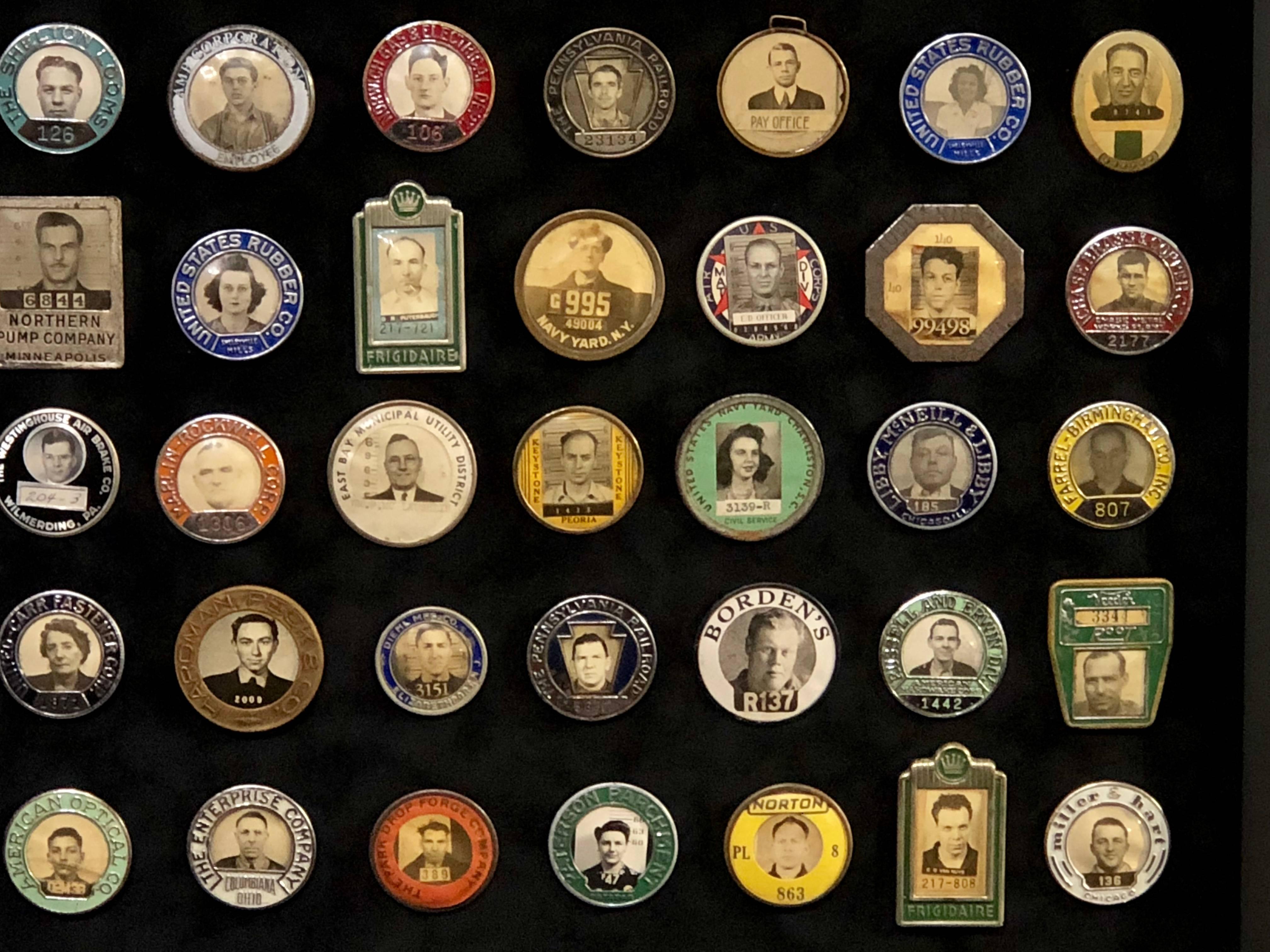 Collection of Antique Employee Badges Professionally Set in Museum Quality Frame 3