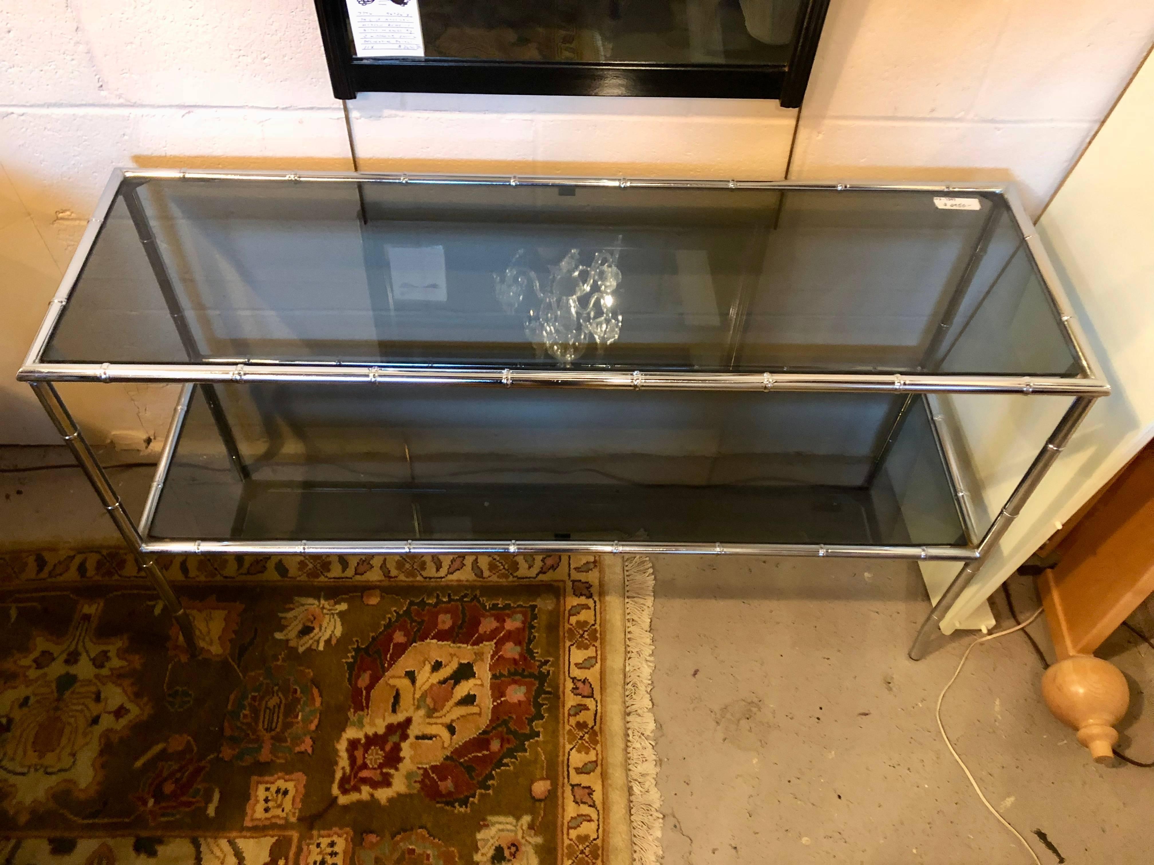 Faux Bamboo Chrome Two-Tier Console Table with Smoke Glass Tops Manner of Jansen In Good Condition In Stamford, CT