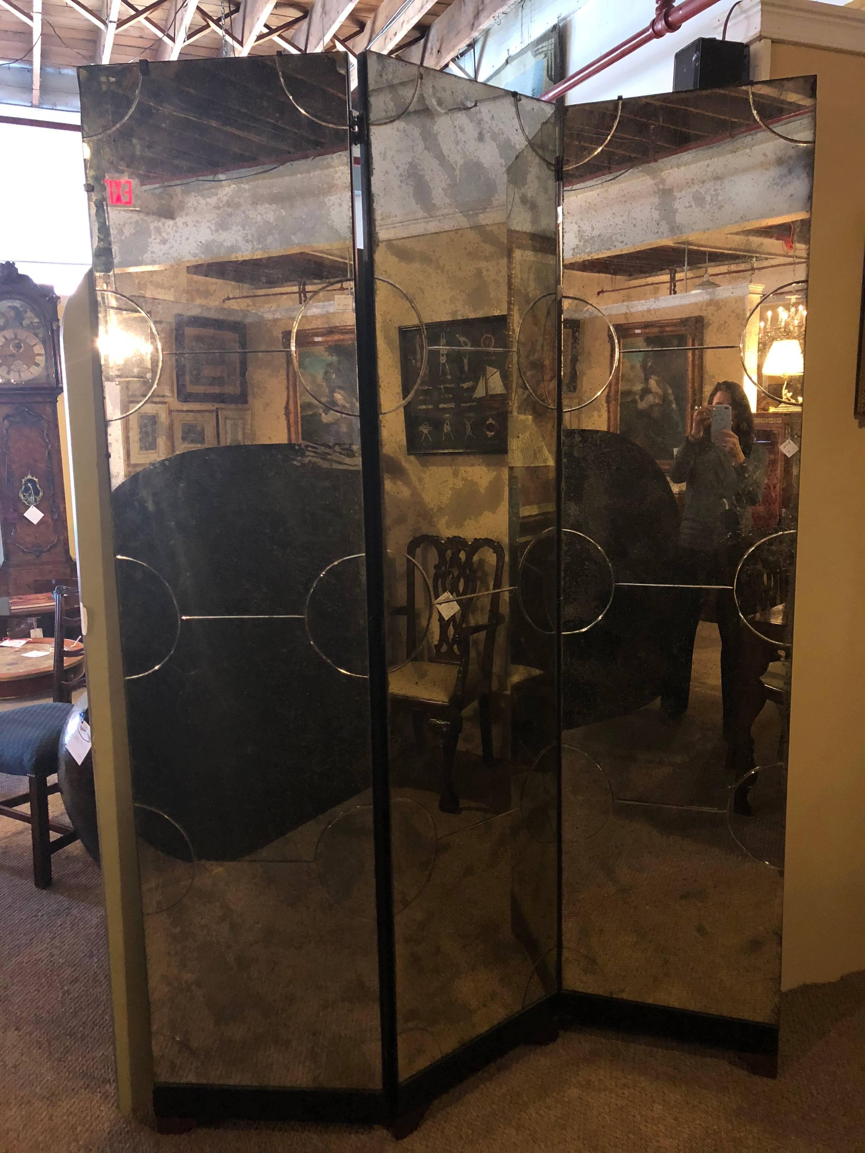 Art Deco Style Three-Panel Mirrored Room Screen or Divider 3