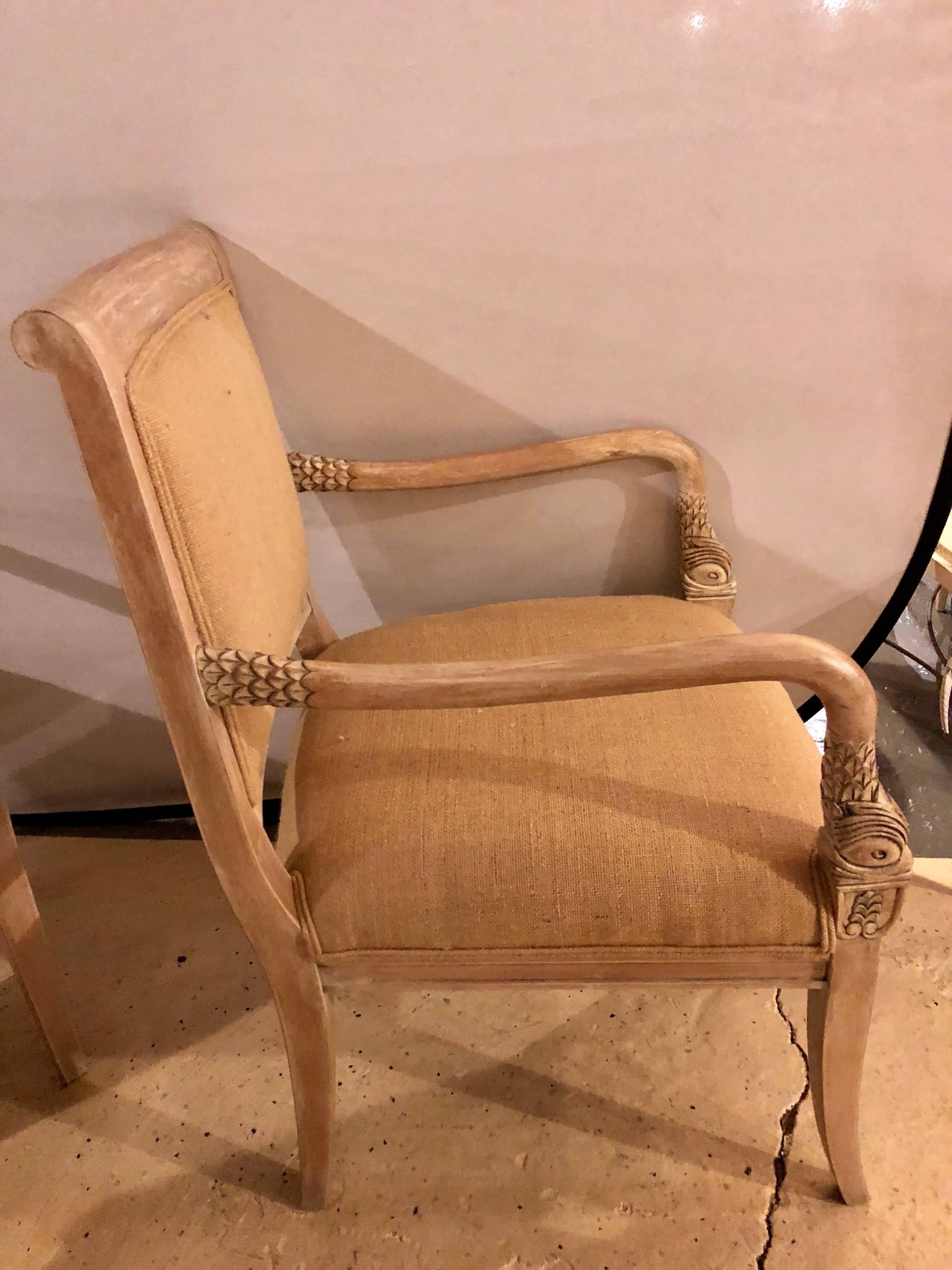 Pair Swan Head Finely Carved Wood Arm / Office / Bergere Chairs New Upholstery In Good Condition In Stamford, CT