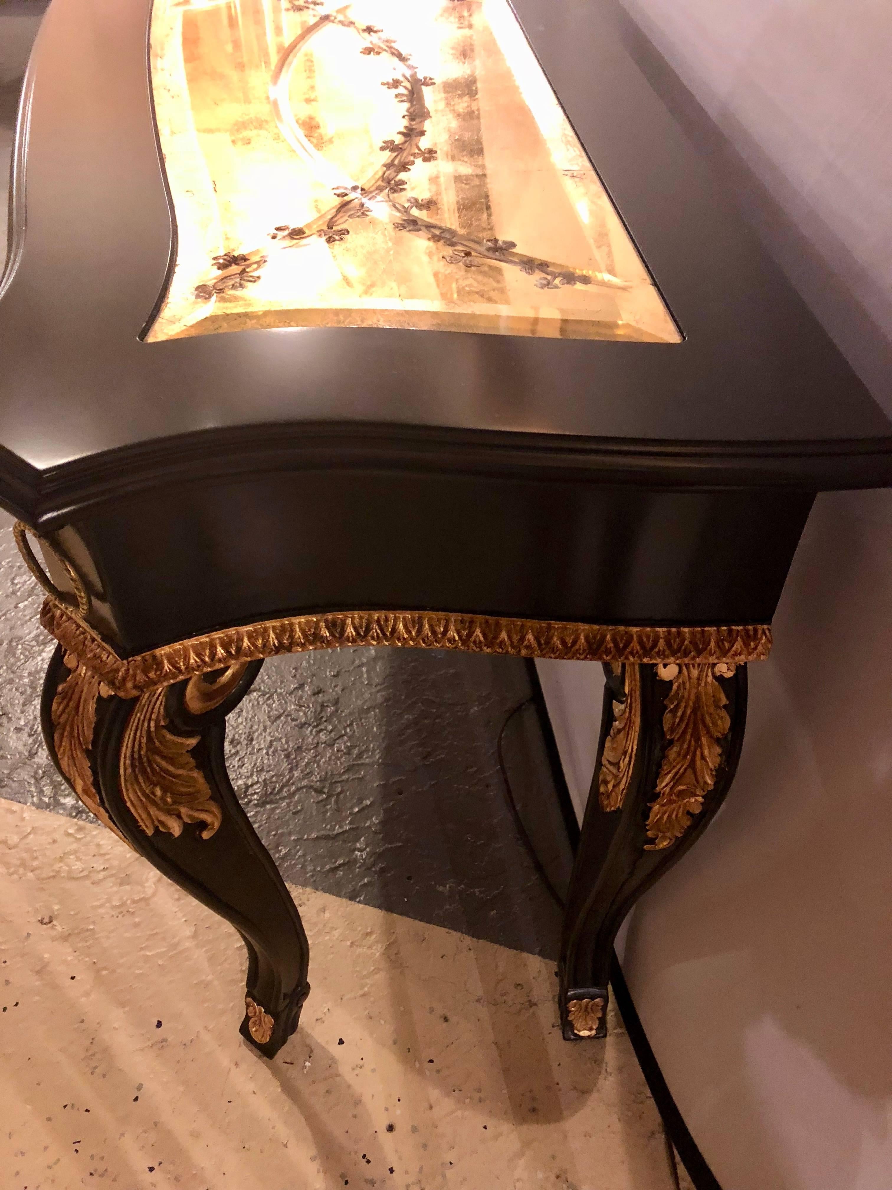 Hollywood Regency Ebony and Parcel-Gilt Decorated Console / Sofa Table with Fine Beveled Glass Top For Sale