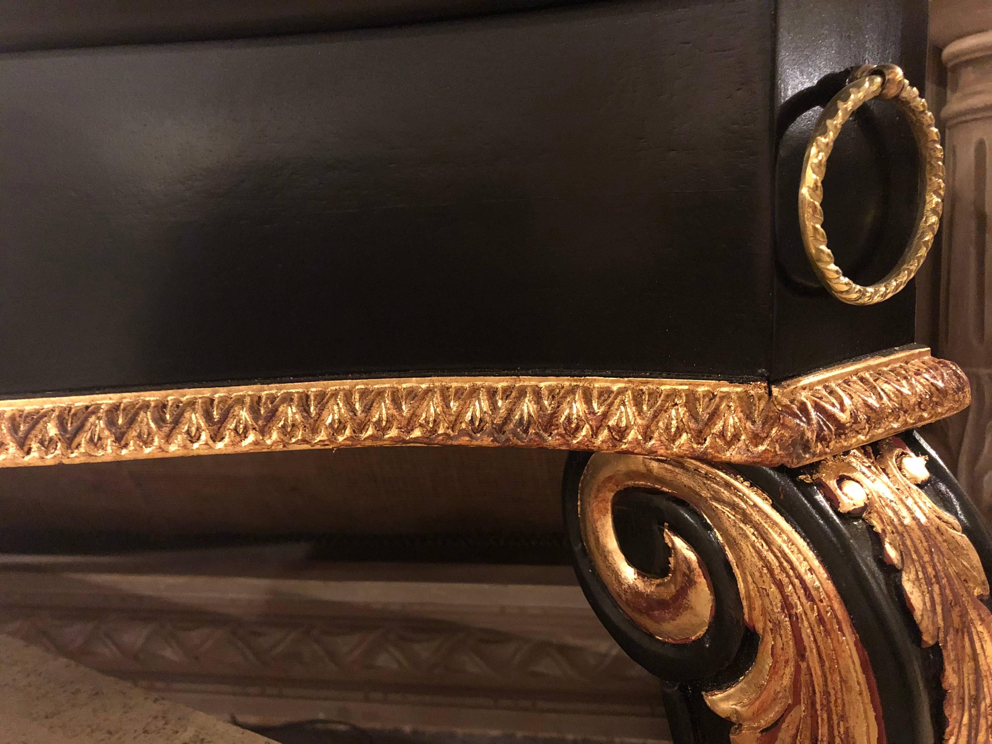 Ebony and Parcel-Gilt Decorated Console / Sofa Table with Fine Beveled Glass Top For Sale 2