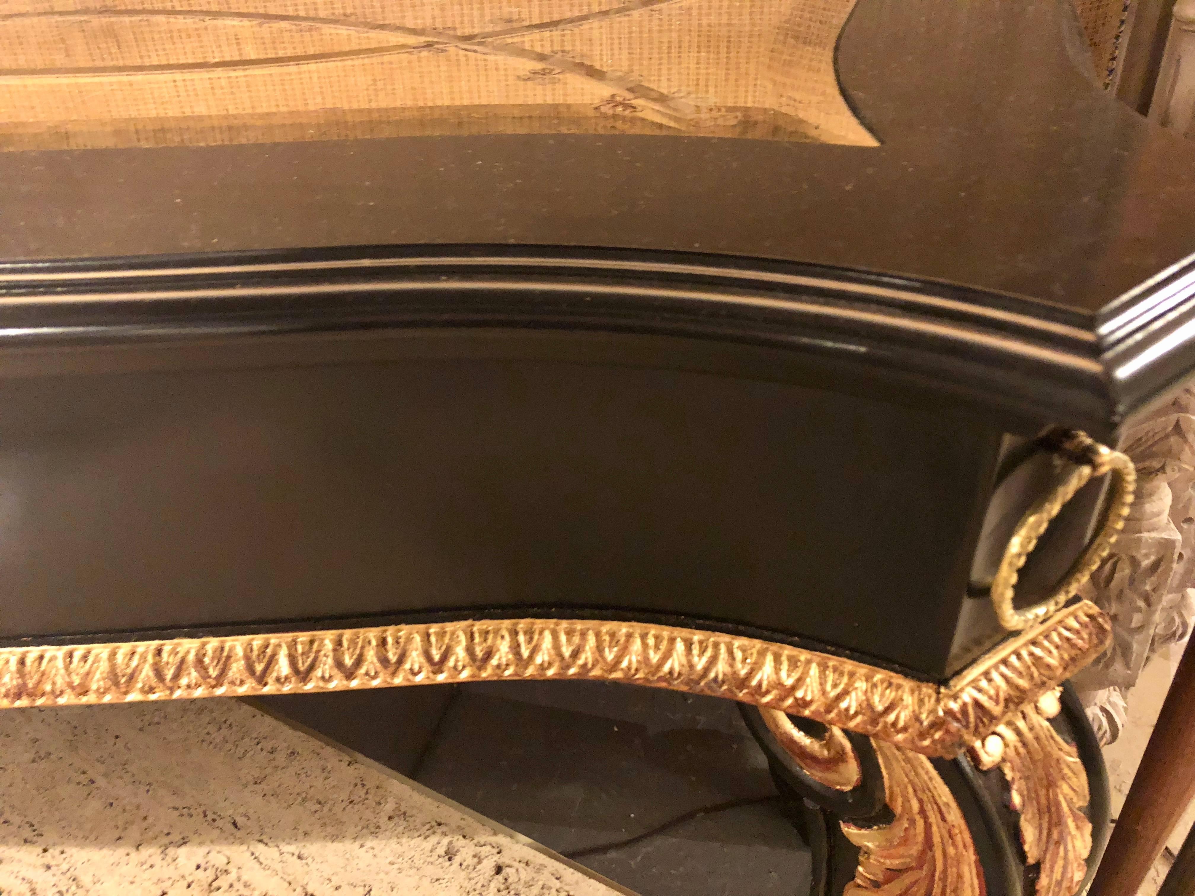 Ebony and Parcel-Gilt Decorated Console / Sofa Table with Fine Beveled Glass Top For Sale 3