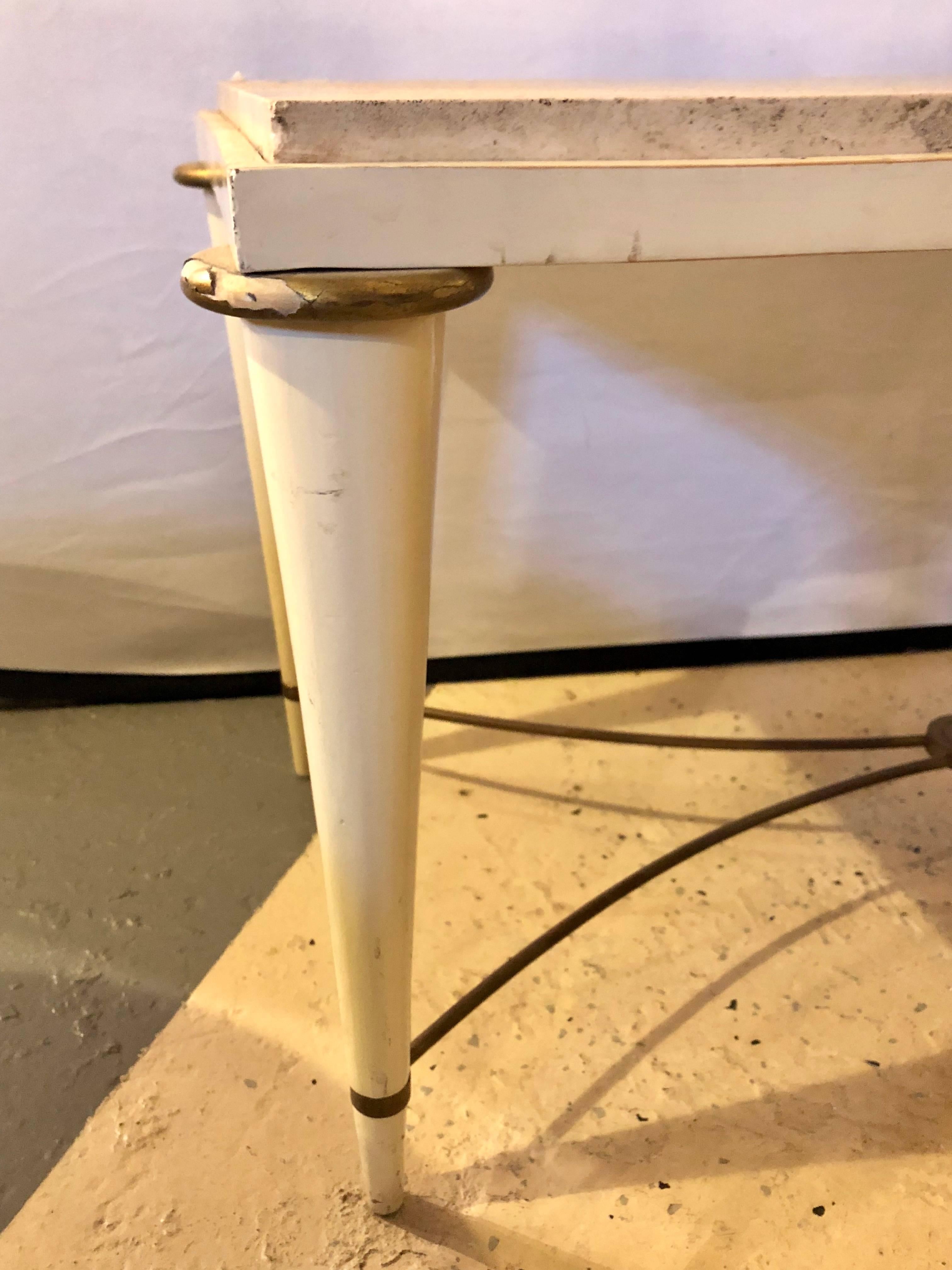 Mid-Century Modern Coffee Table Inset Travertine Marble-Top and Brass Stretcher In Good Condition For Sale In Stamford, CT