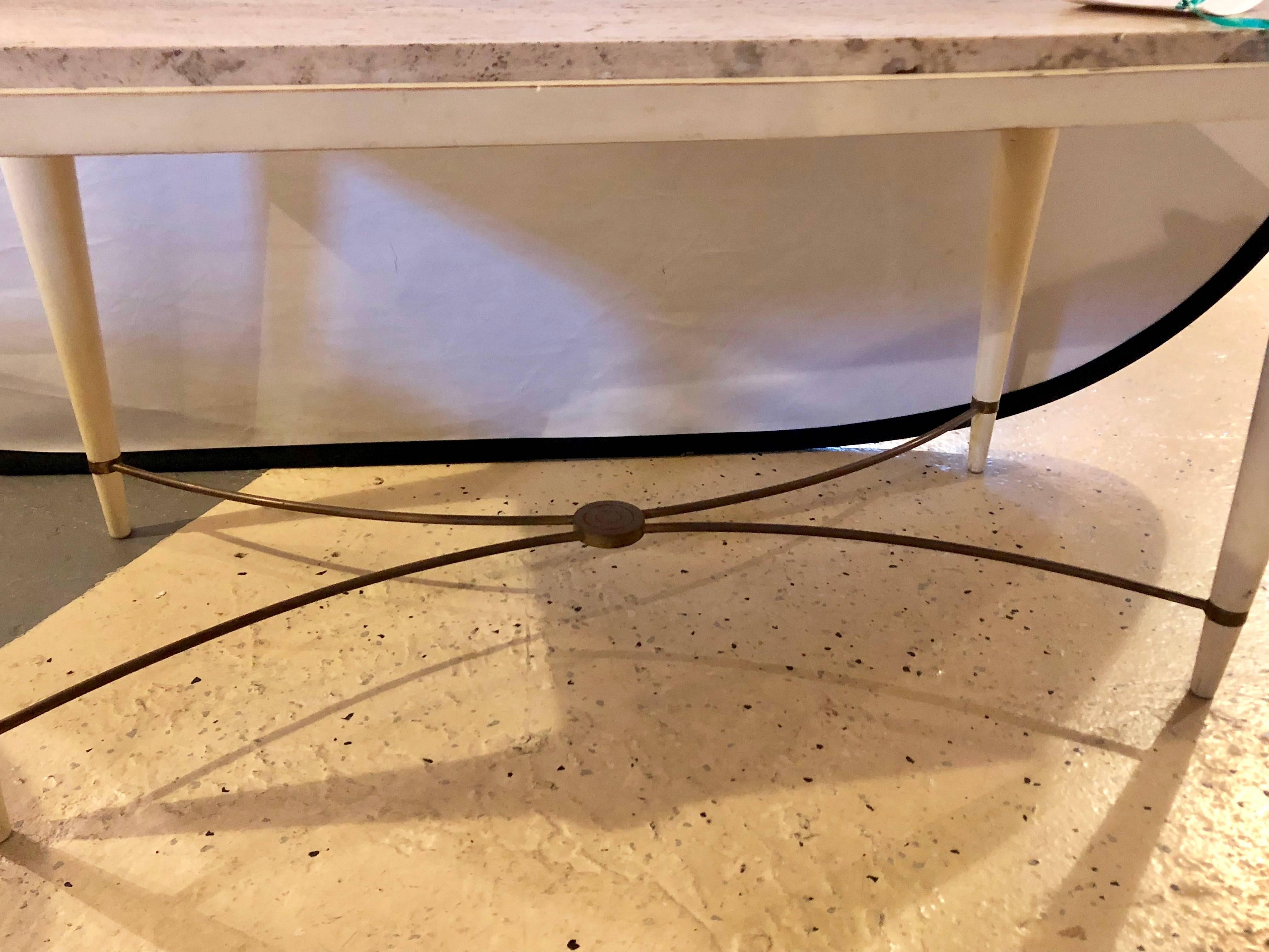 20th Century Mid-Century Modern Coffee Table Inset Travertine Marble-Top and Brass Stretcher For Sale