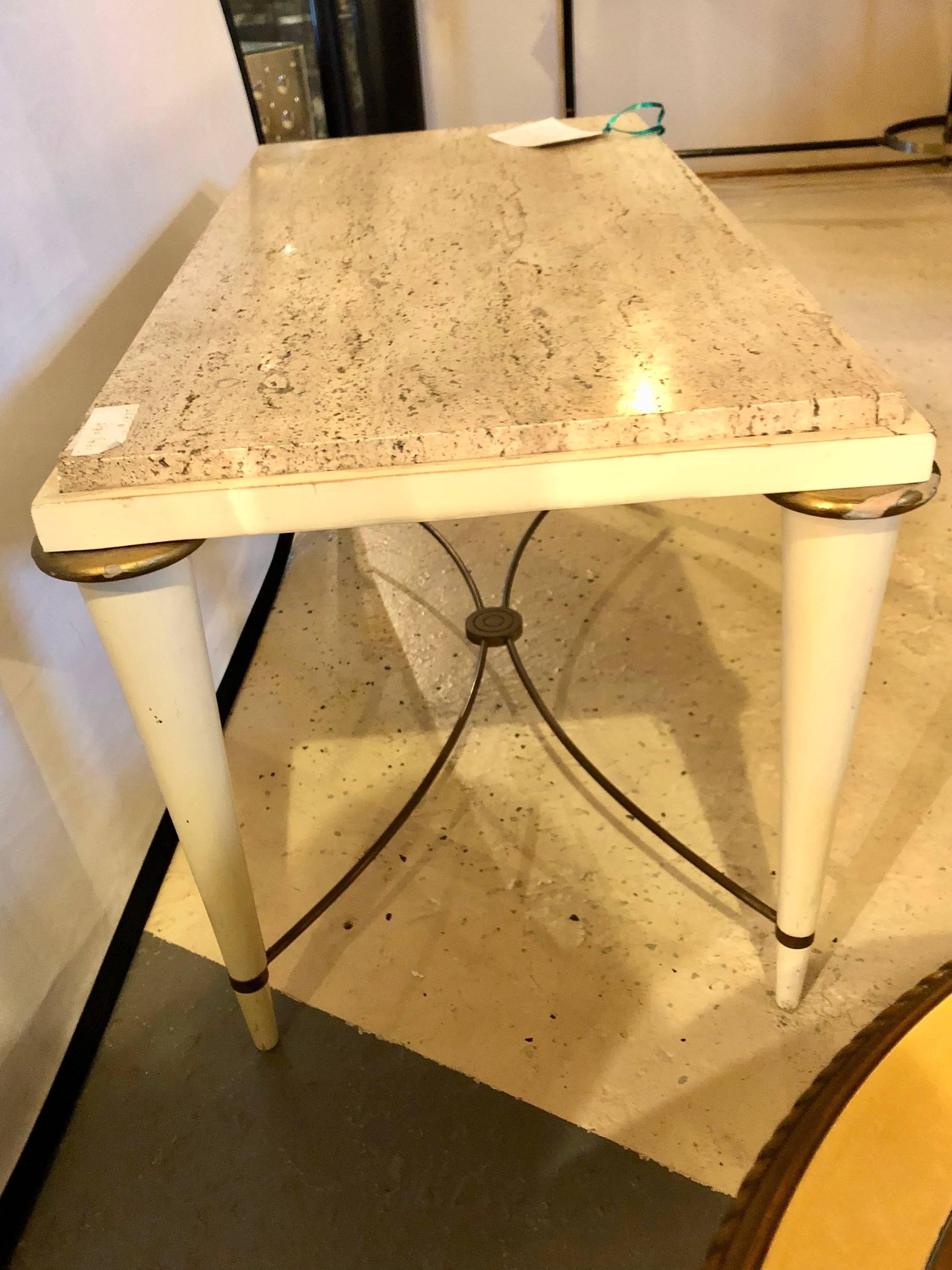 Mid-Century Modern Coffee Table Inset Travertine Marble-Top and Brass Stretcher For Sale 1