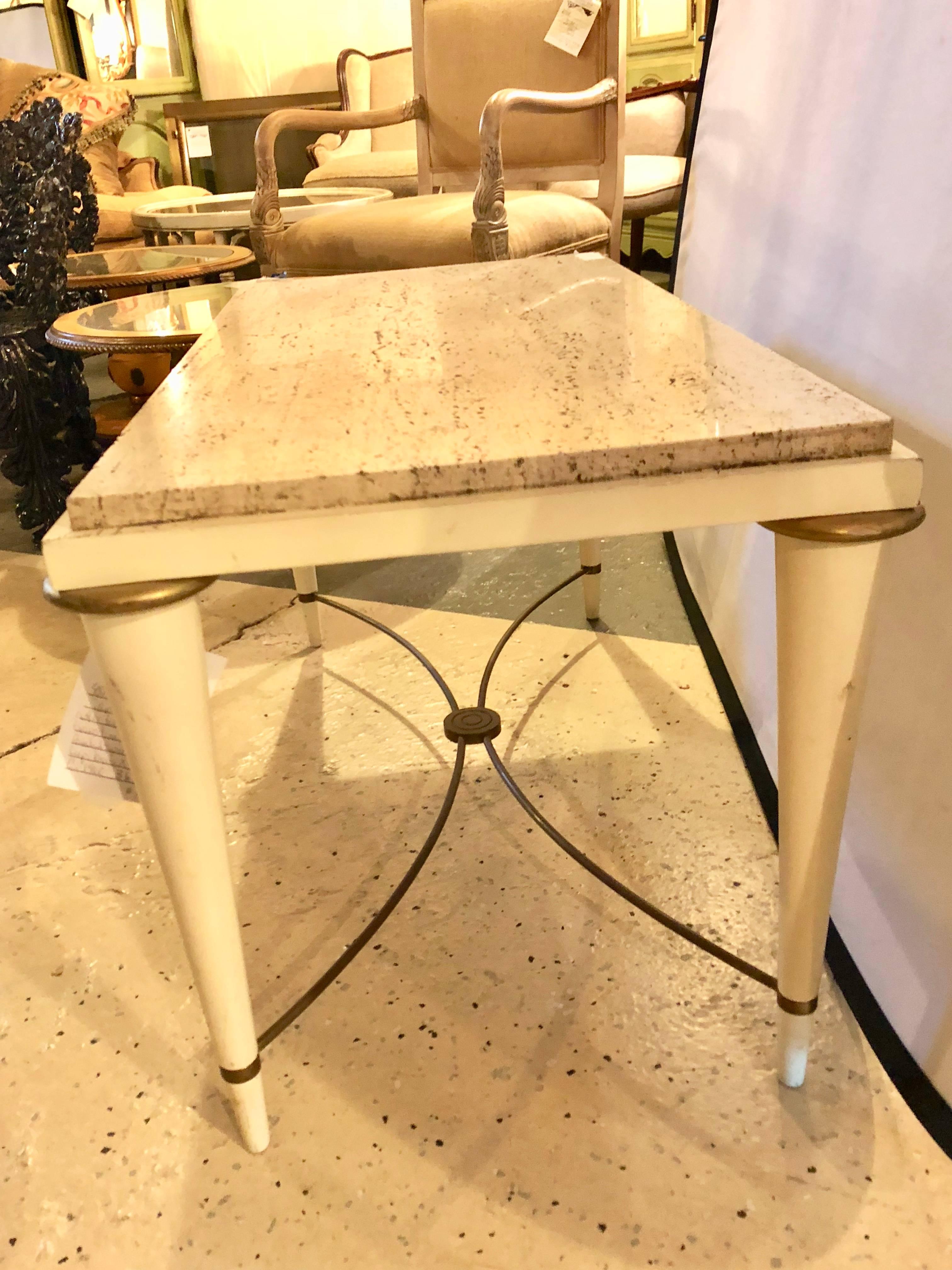 Mid-Century Modern Coffee Table Inset Travertine Marble-Top and Brass Stretcher For Sale 2