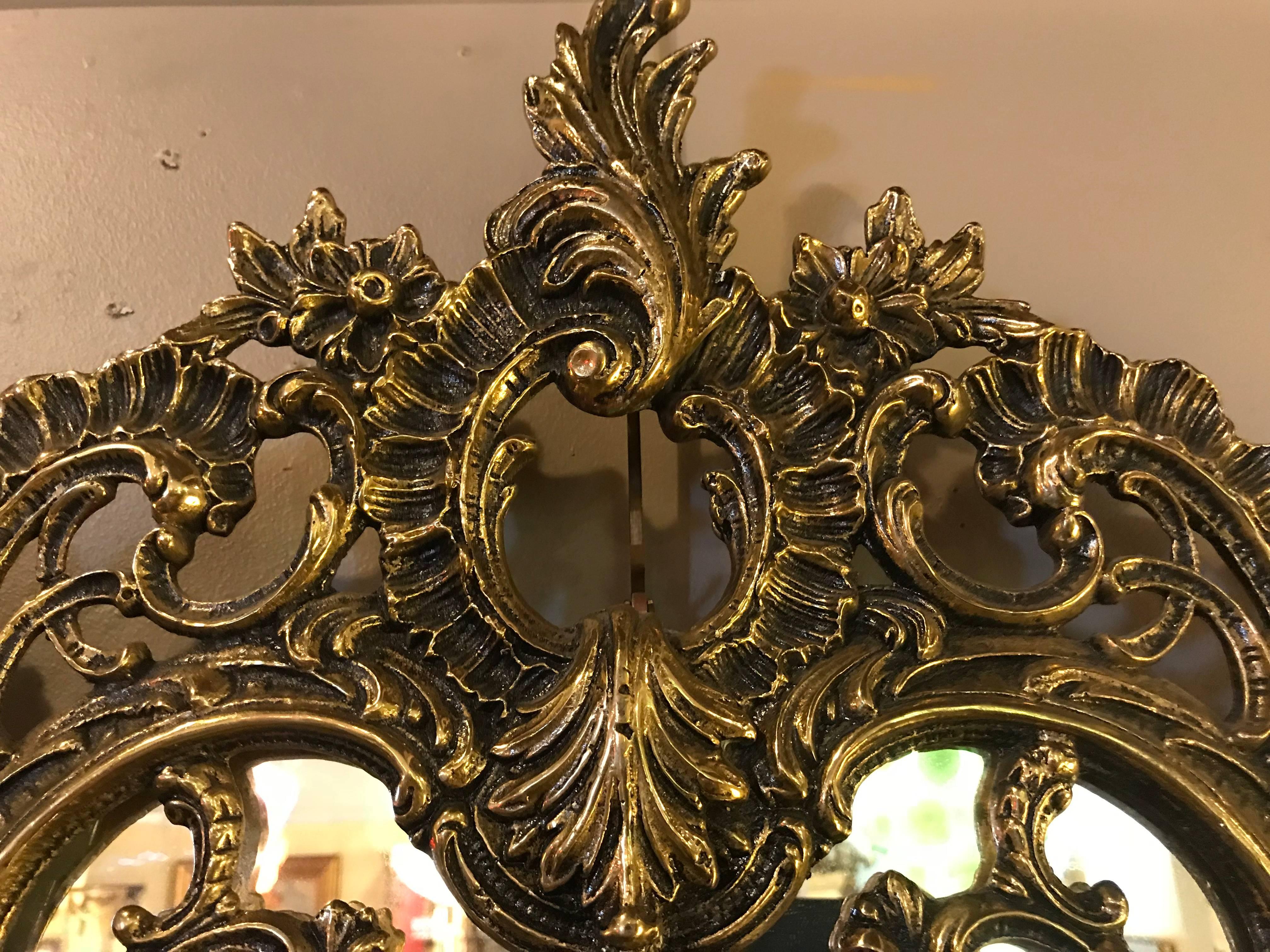 Pair of Ornate Rococo Style Solid Brass Console or Pier Mirrors In Good Condition In Stamford, CT