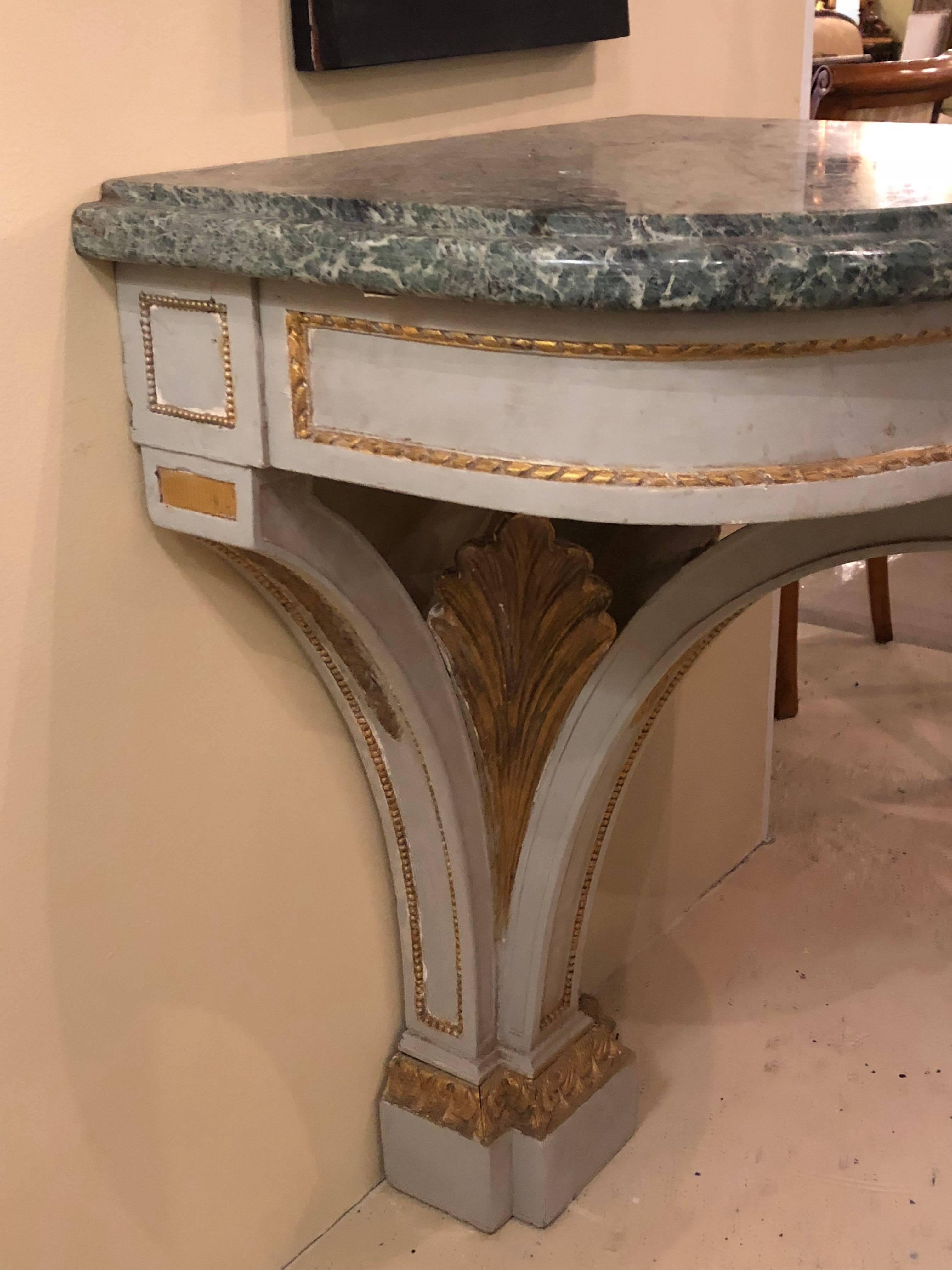 Pair of Hollywood Regency Painted and Marble Demilune Consoles 4