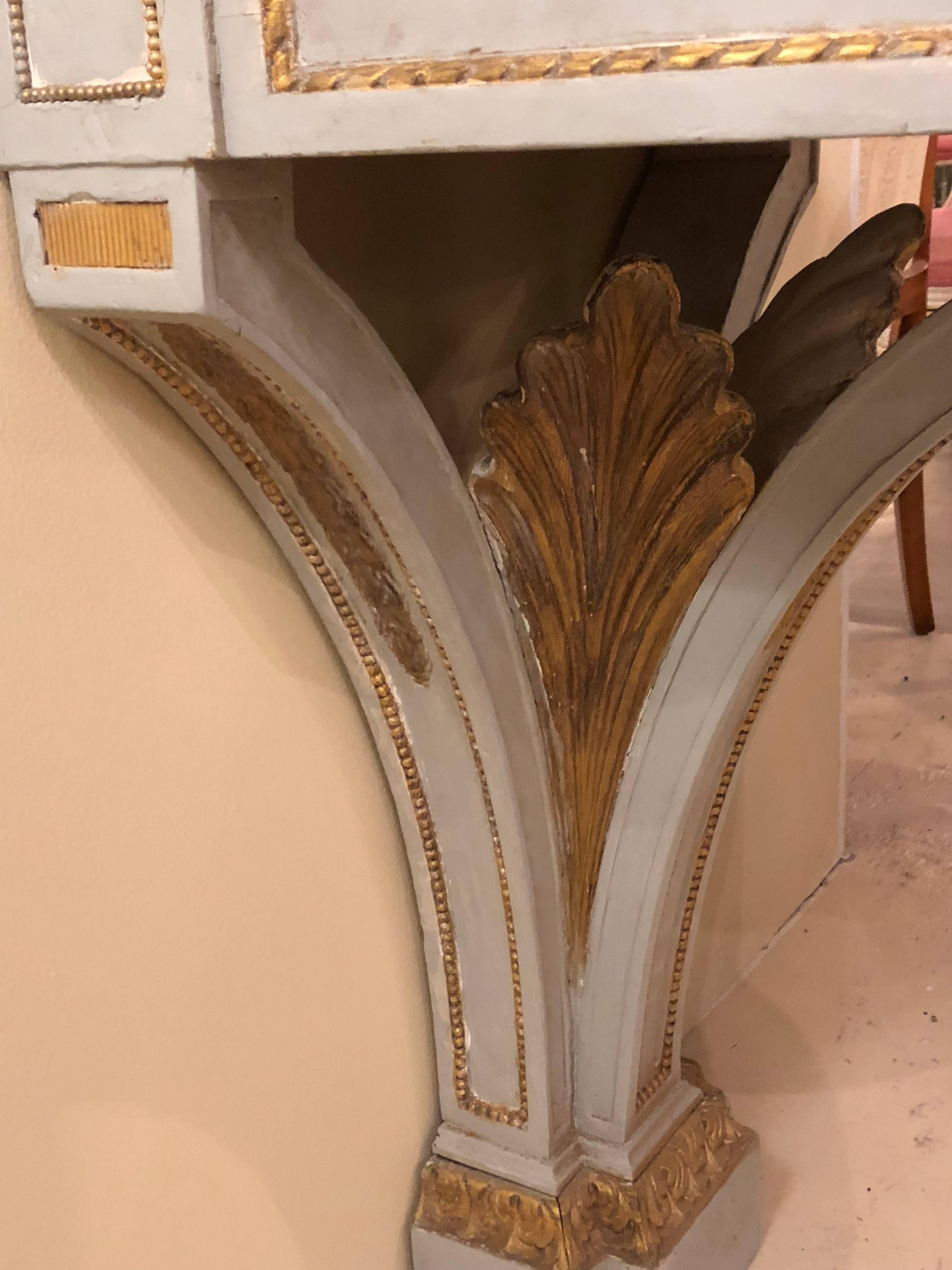 Pair of Hollywood Regency Painted and Marble Demilune Consoles 3
