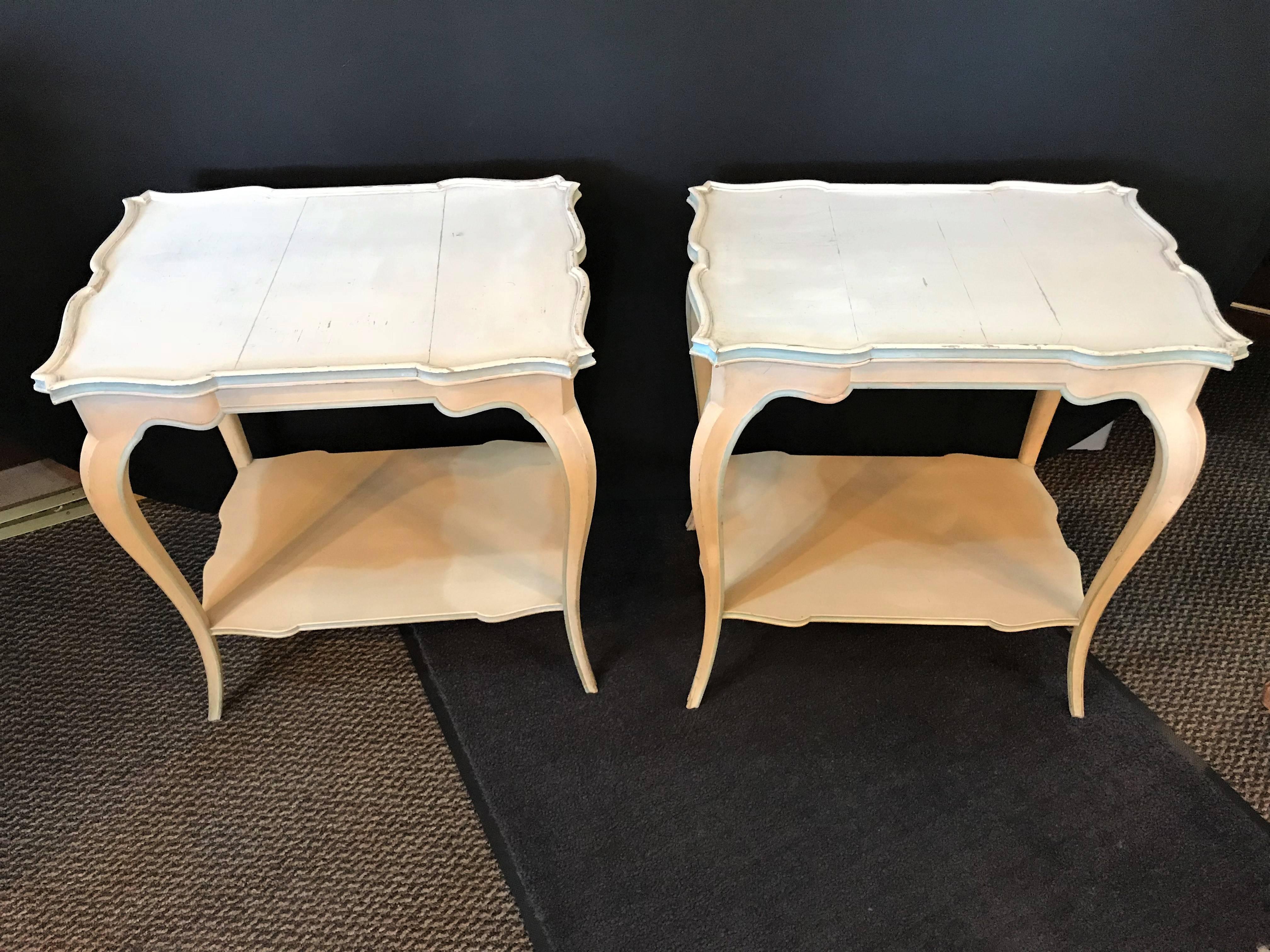 Hollywood Regency Pair of Distressed Paint Decorated Maison Jansen Side Tables or Night Tables