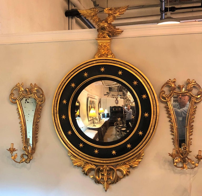 20th Century Late 19th Century Regency Carved and Ebonized Giltwood Bullseye Convex Mirror For Sale